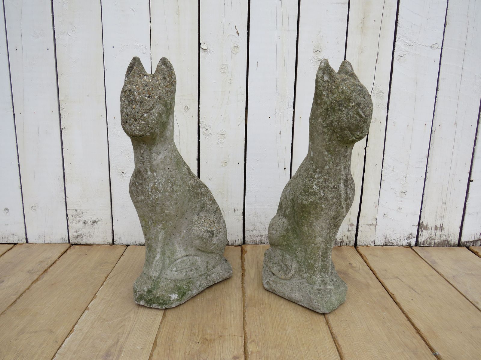 Pair Of Vintage English Weathered Garden Cat Ornaments photo vintage
