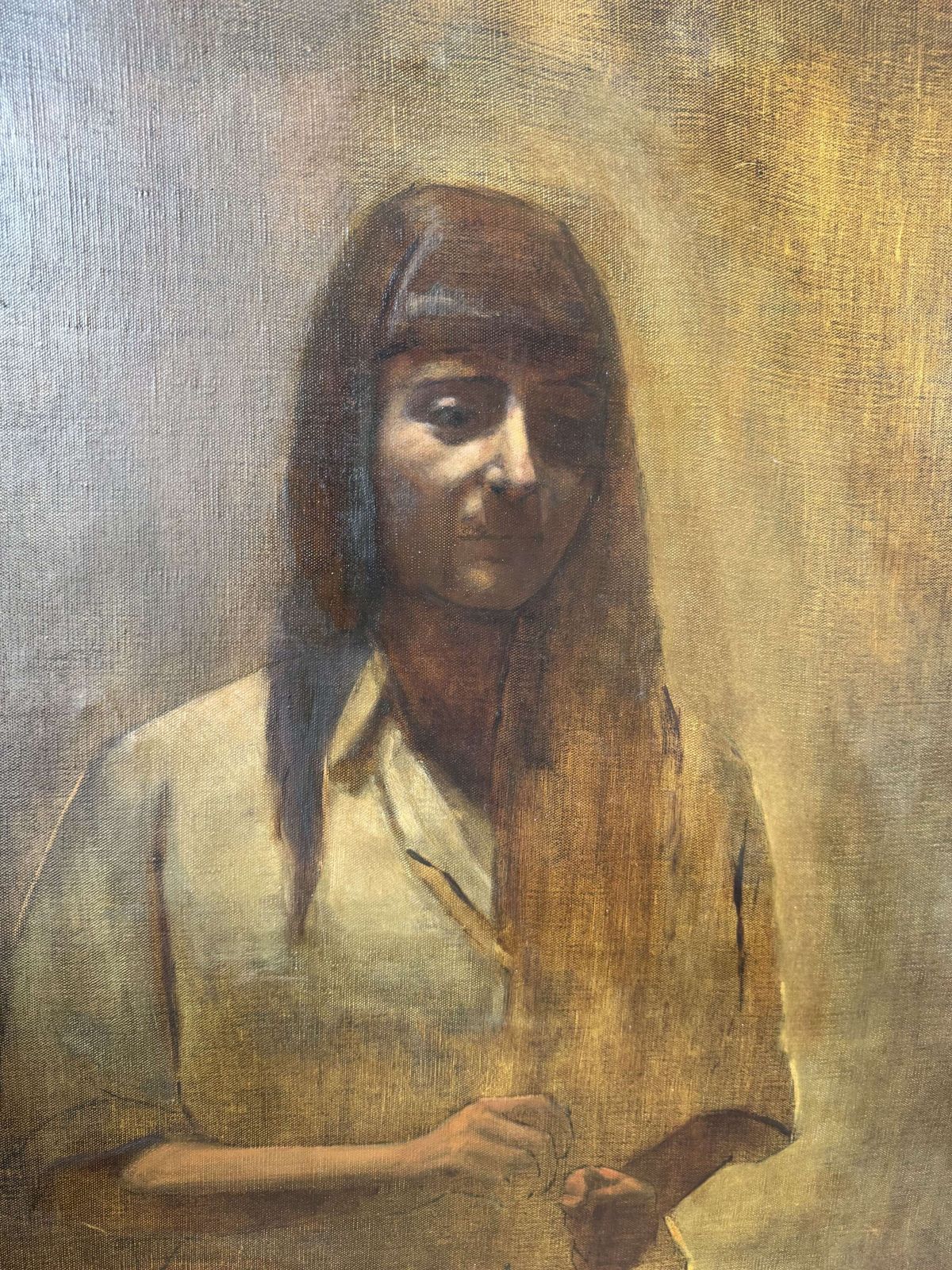 Large Vintage Oil Portrait Of A Woman – Atmospheric Realist Style photo 195.0