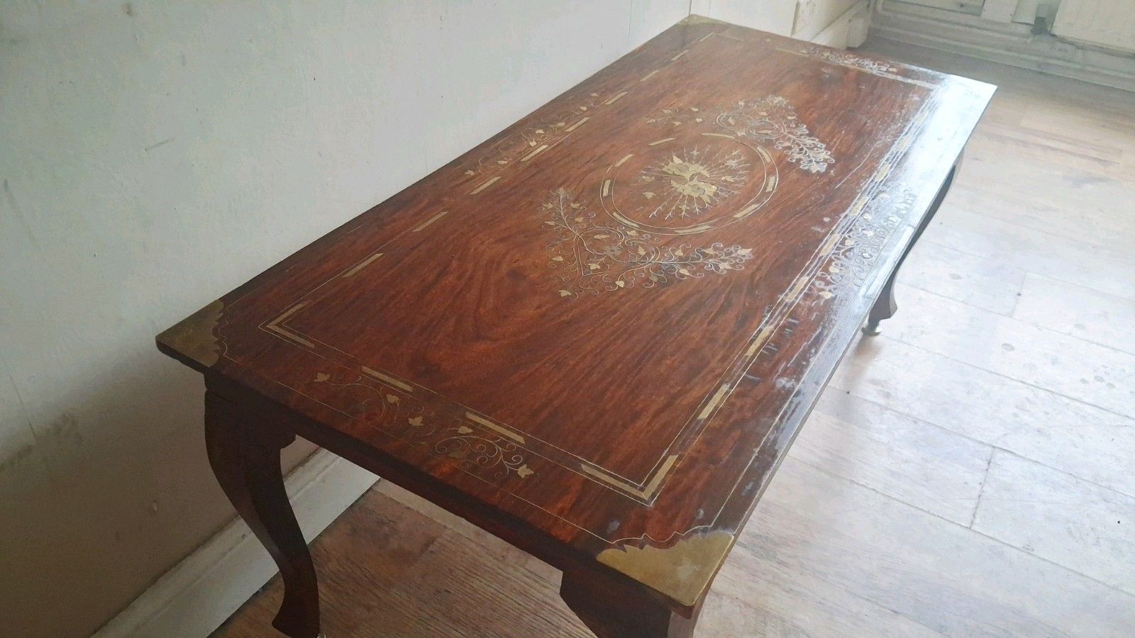 photo for sale Beautiful Original Indian  Mid Century Brass Inlay Rosewood Drinks /Coffee Table