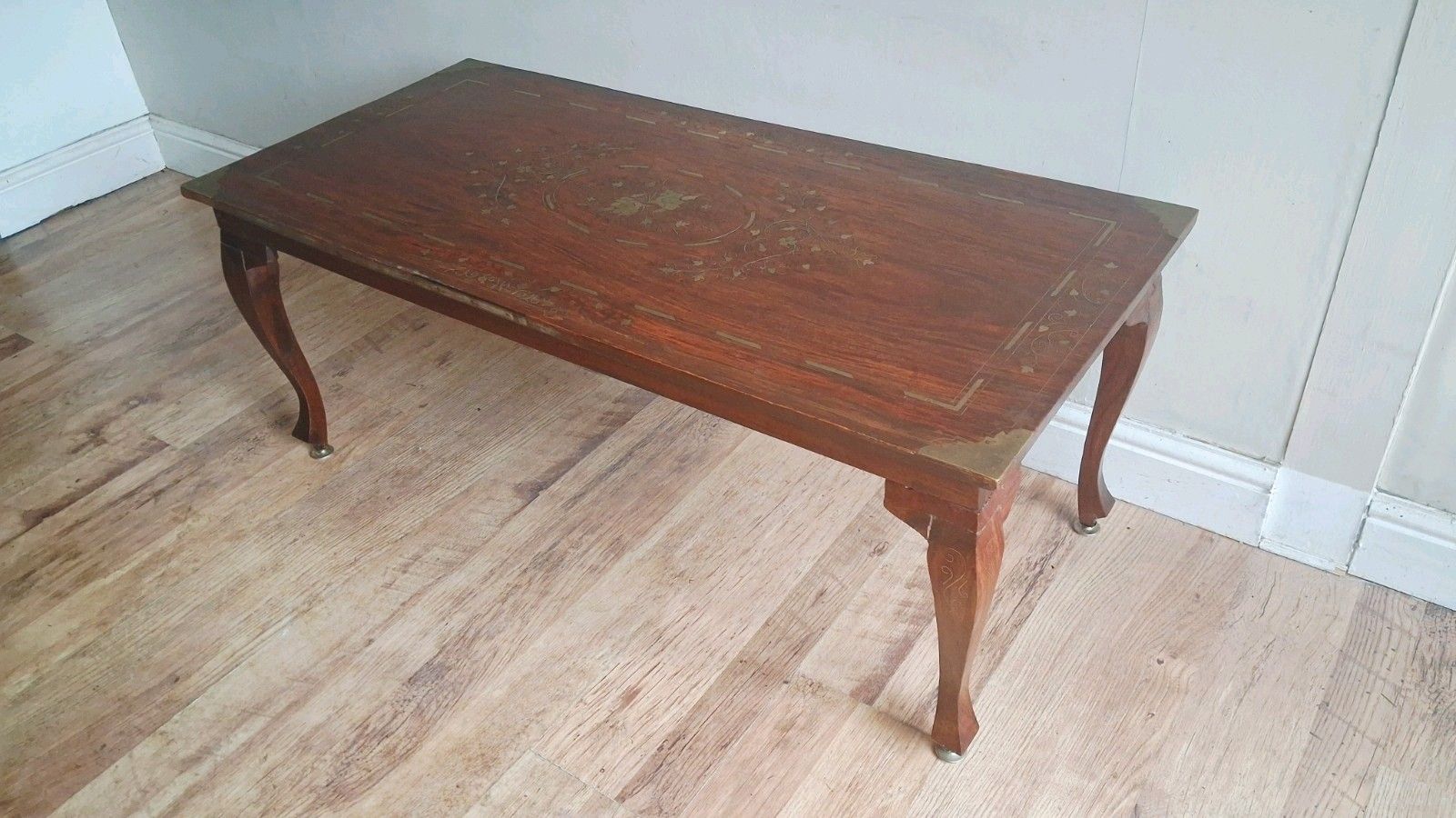 Furniture Beautiful Original Indian  Mid Century Brass Inlay Rosewood Drinks /Coffee Table photo