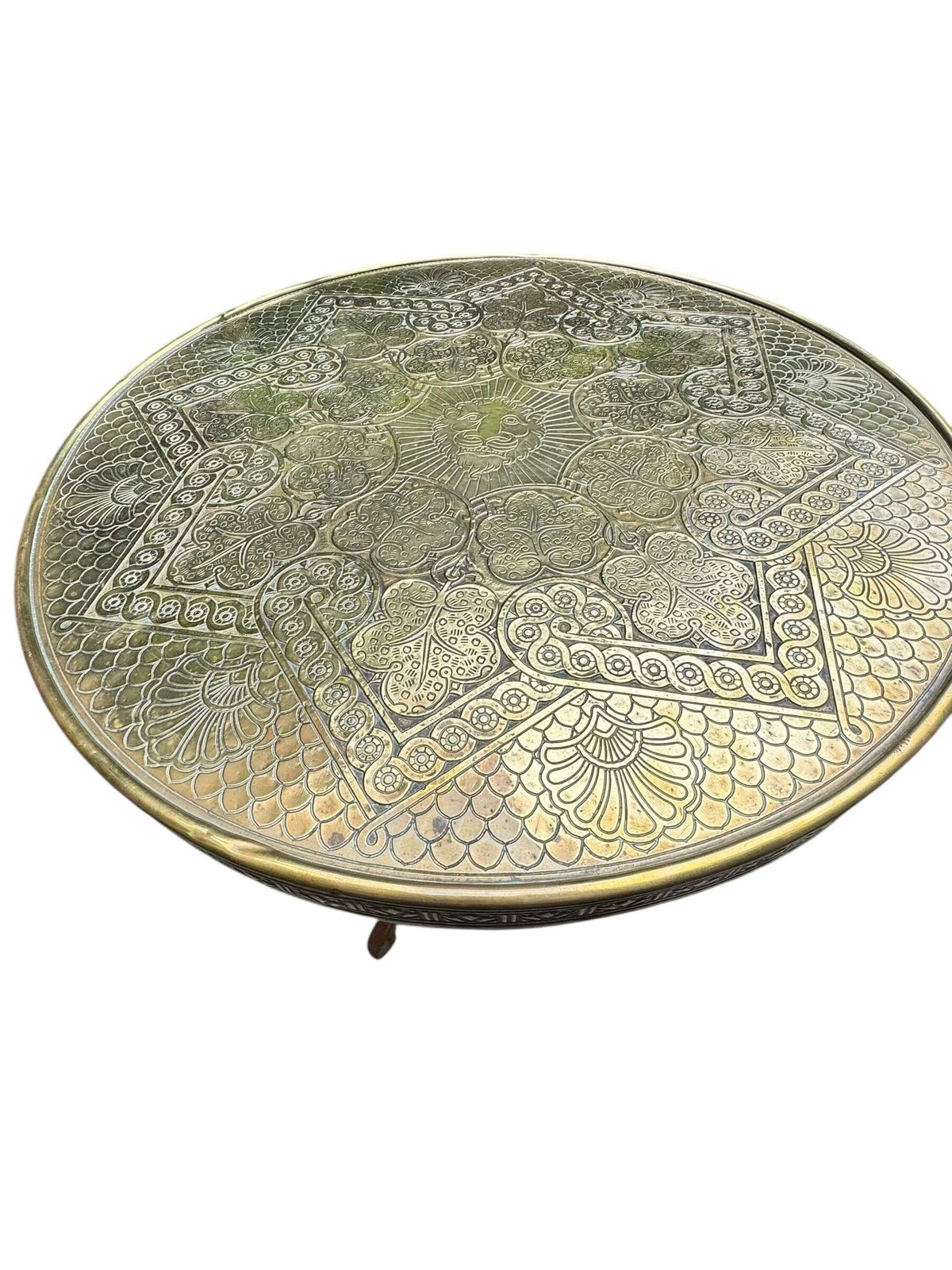 Antique Moorish Brass Table – Hand Etched Lion Design – Tripod Wooden photo for sale