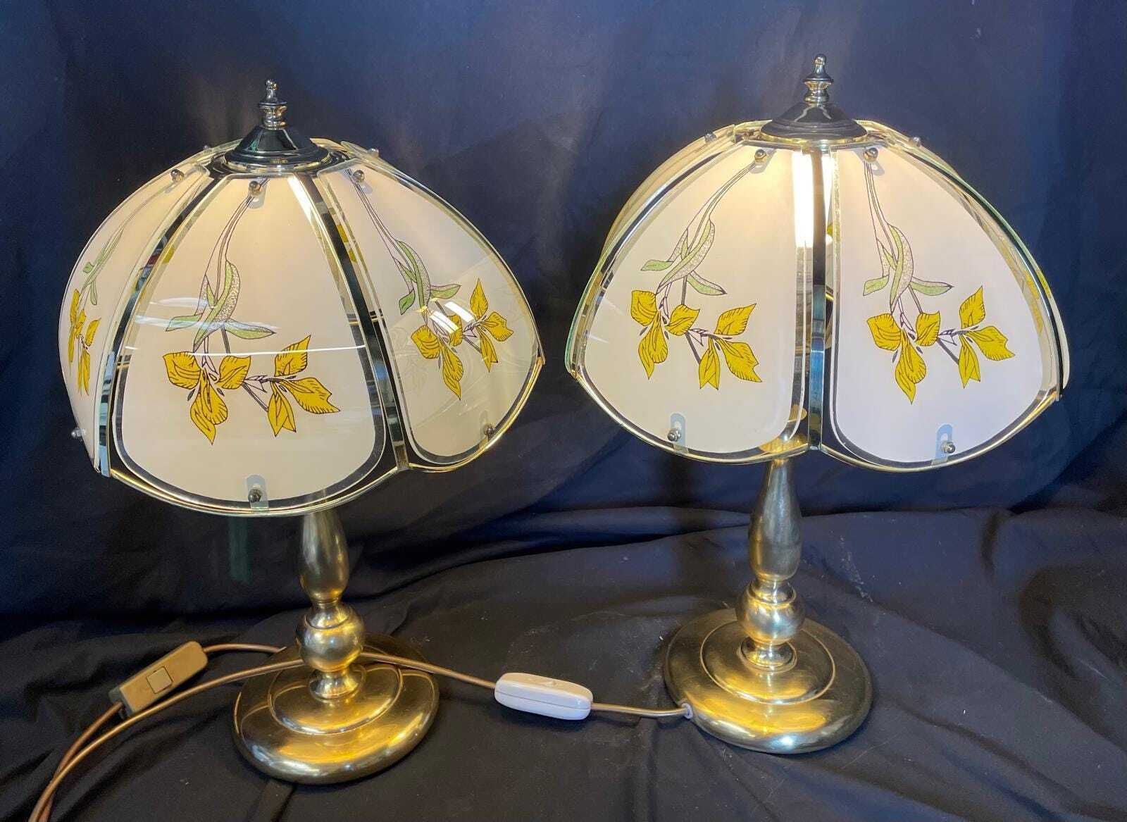 Elegant Vintage Brass Bedside Lamp With Floral Glass Shade, 1980s Ambient Lighting photo for sale
