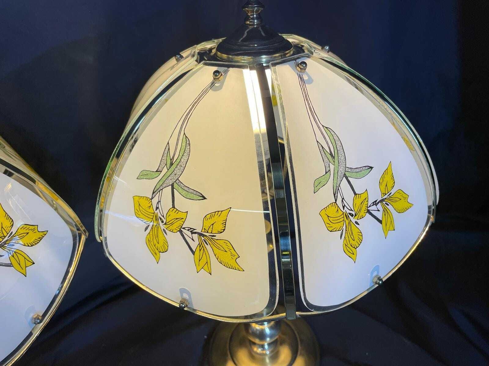 photo for sale Elegant Vintage Brass Bedside Lamp With Floral Glass Shade, 1980s Ambient Lighting