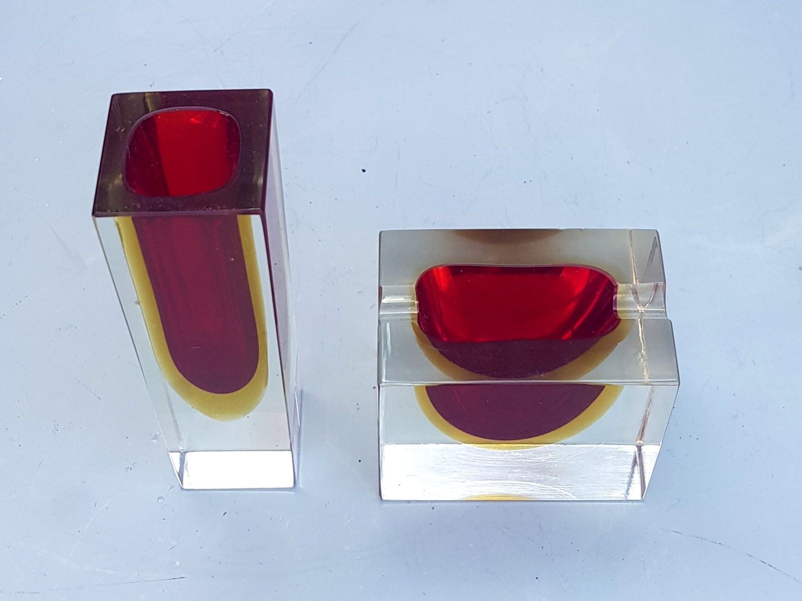 Sommerso Murano Glass Vase And Ashtray In Red And Yellow, 1950s