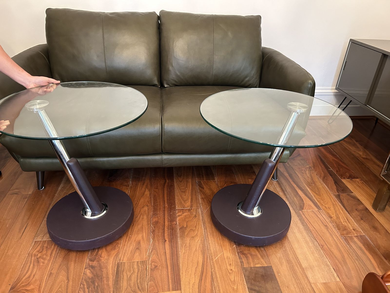 Pair Of Round Glass Coffee/Side Tables photo for sale