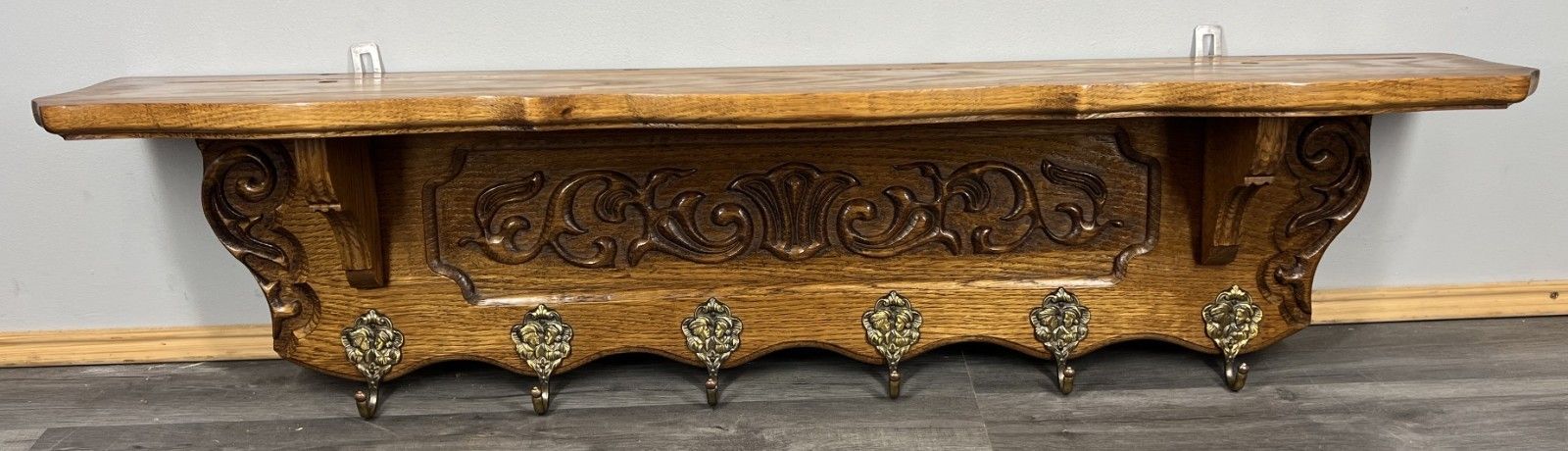 French Vintage Coat Rack Oak 6 Ornate Hooks Wall Shelf Carved Coat Lot 3880 photo furniture