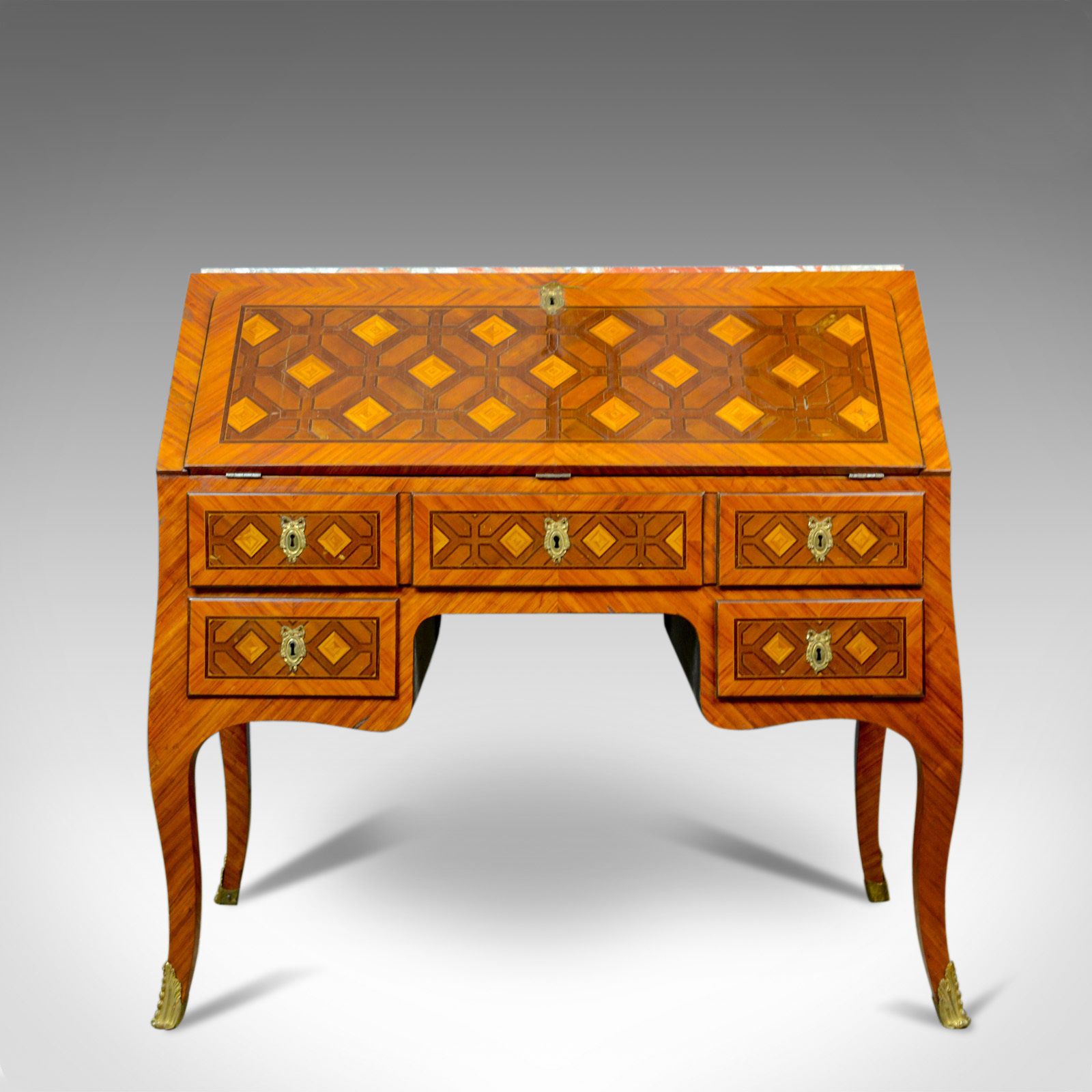 Antique Bureau, French, Marble Top, Kingwood, Marquetry Desk, Circa 1900 photo for sale