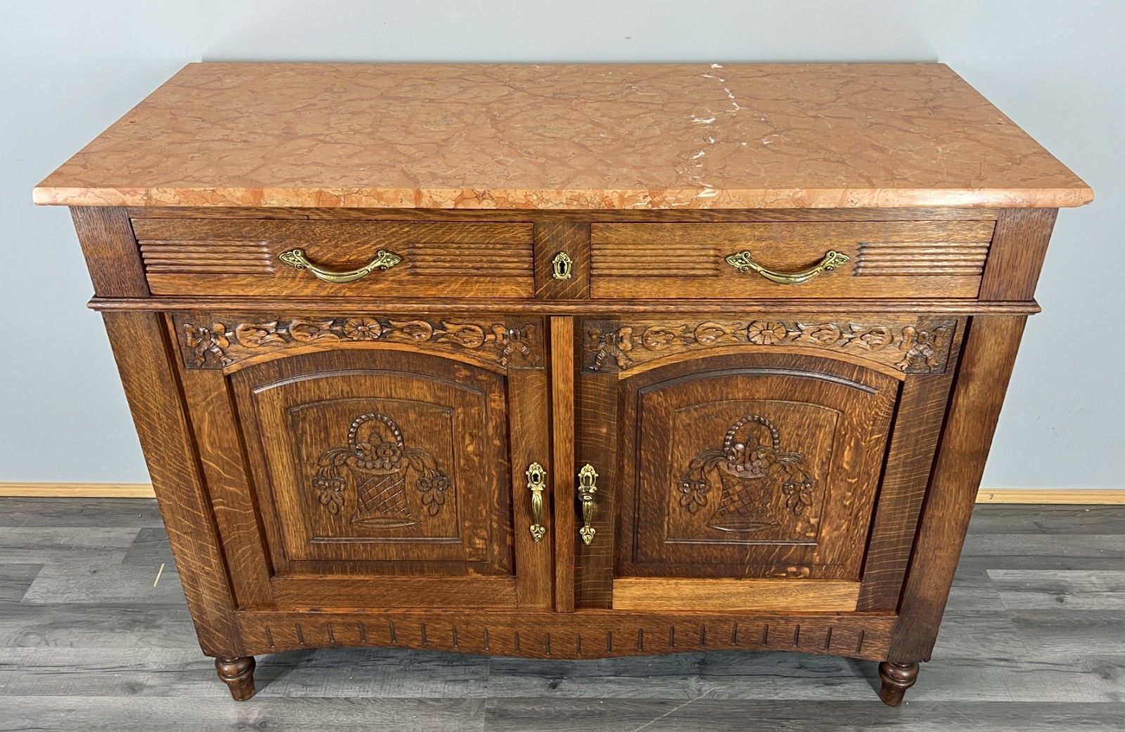 Cabinet Antique French Marble Top Oak Carved With Drawers Sideboard Lot 4070 photo for sale