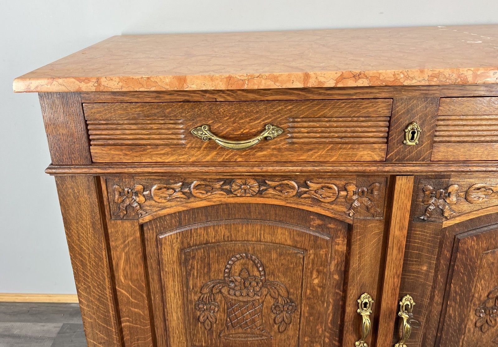 Cabinet Antique French Marble Top Oak Carved With Drawers Sideboard Lot 4070 photo 699.0
