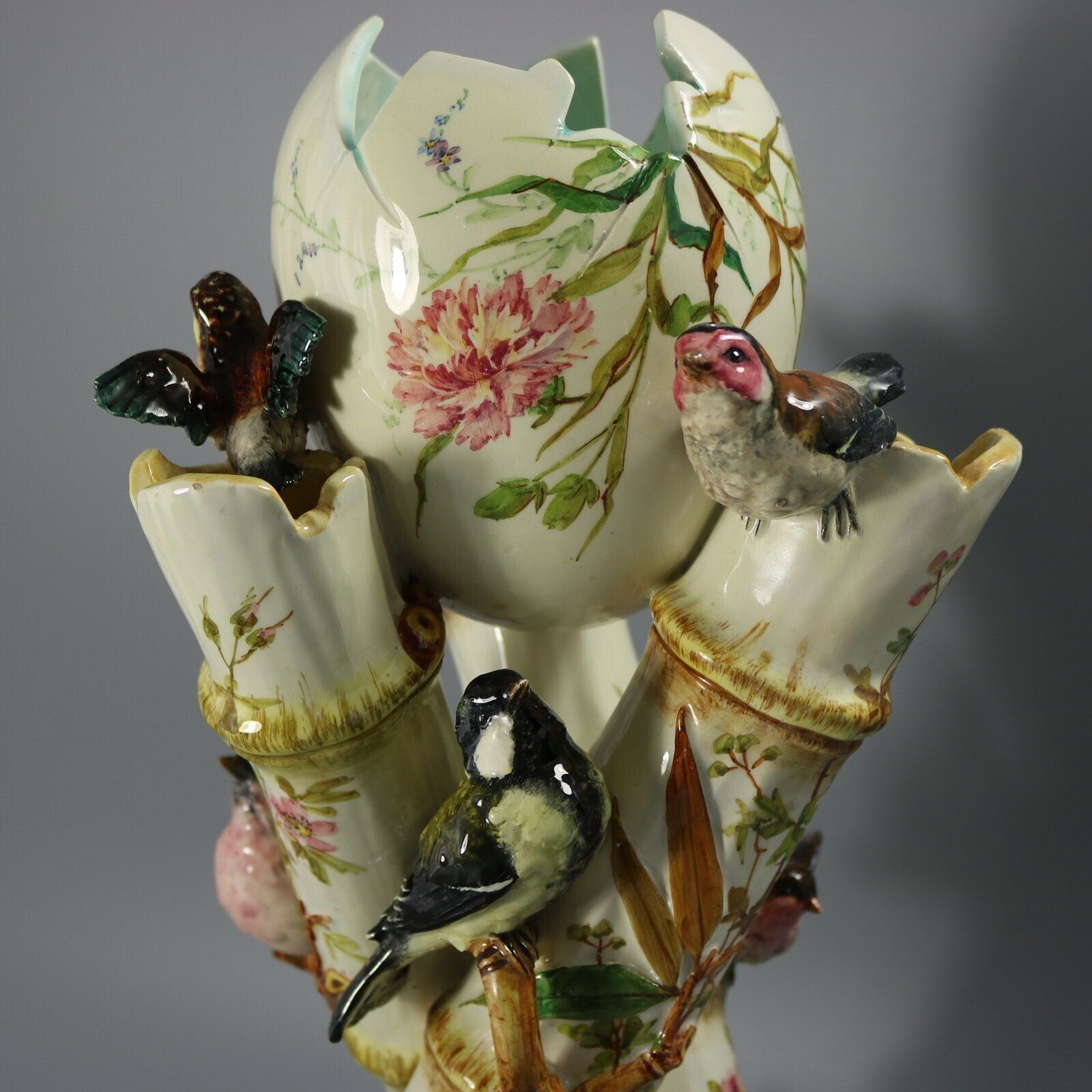 Delphin Massier Majolica Birds On Bamboo Vase photo buy
