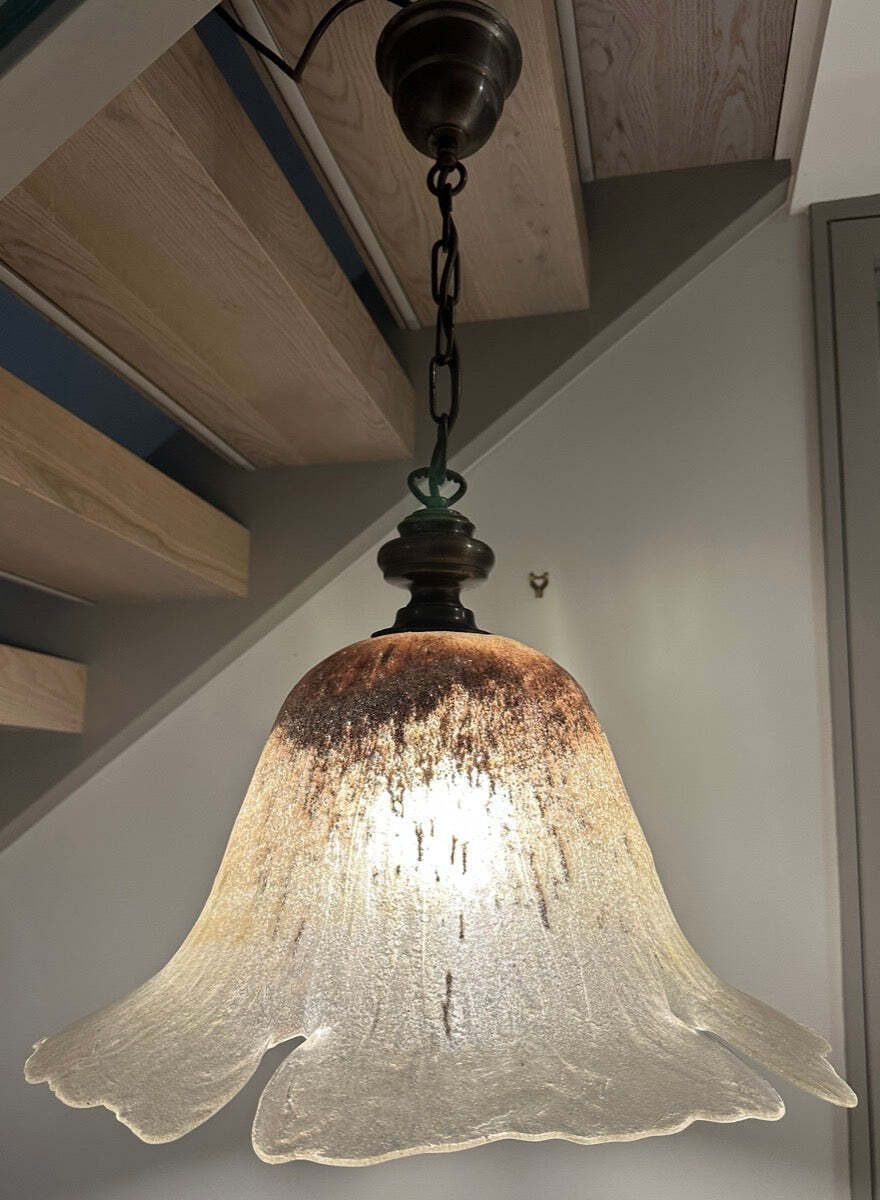 1970s German Peill & Putzler Glass & Brass "Flower" Pendant Light photo furniture