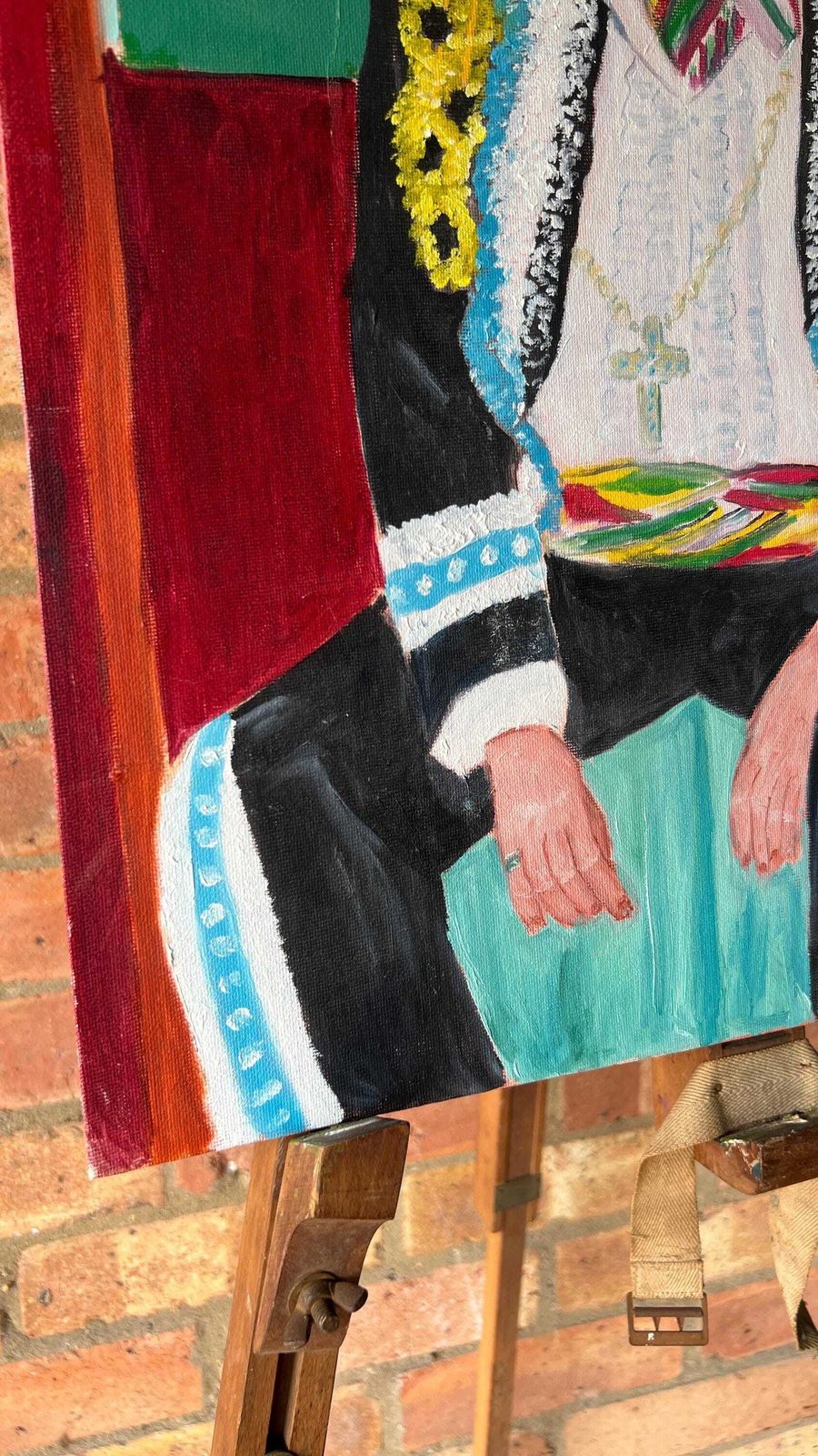 Contemporary Oil Painting On Canvas Board — Colourful Mexican Folk Portrait photo for sale