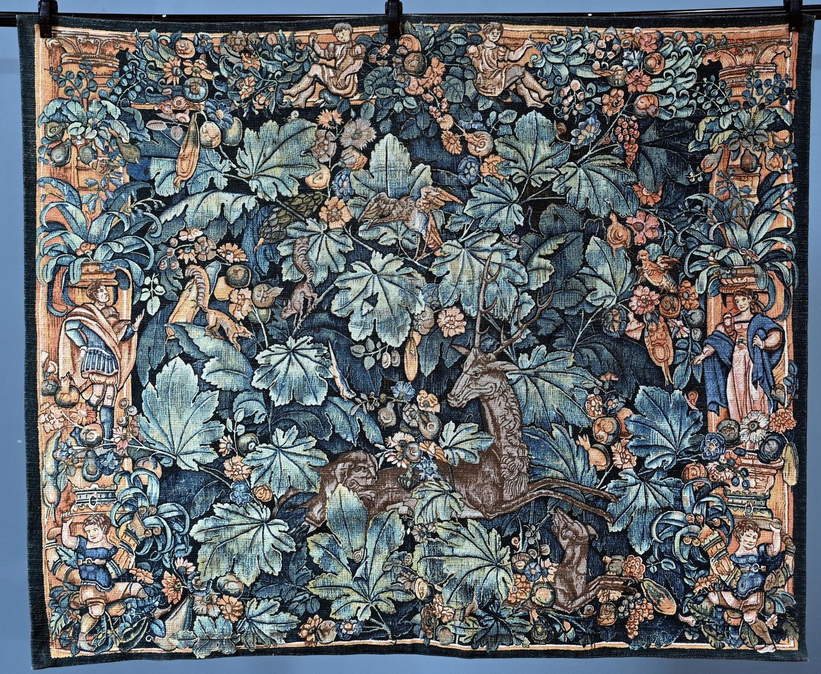 French Antique Tapestry Deer Floral Hand Woven Verdure