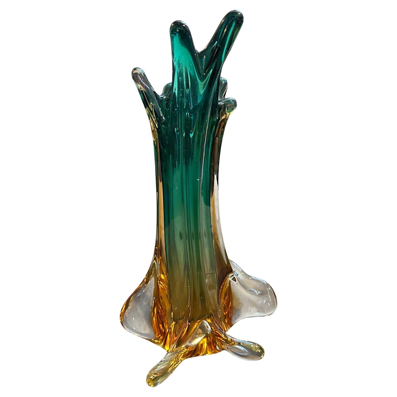1970s Seguso Style Green And Yellow Sommerso Murano Glass Sculptural Vase