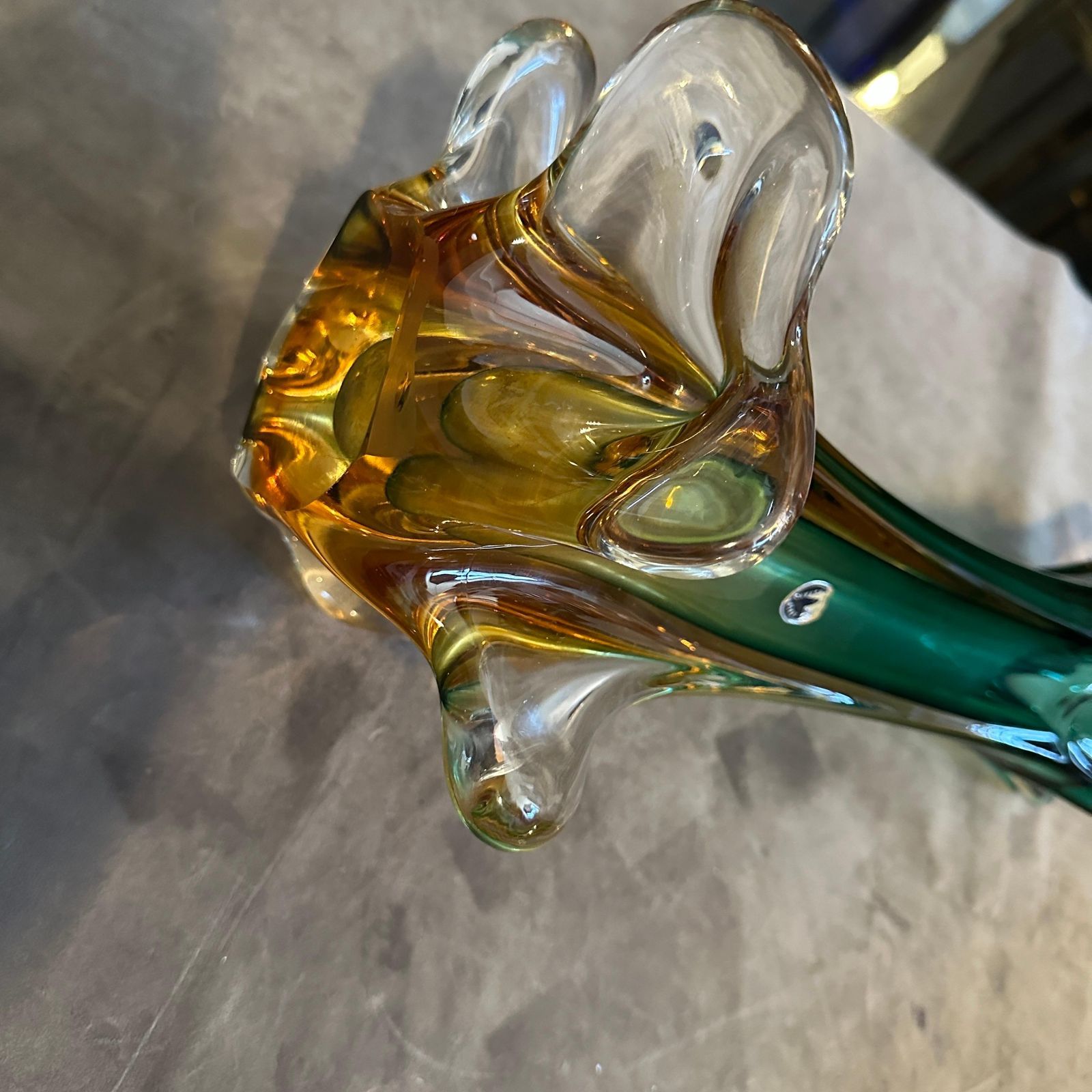 1970s Seguso Style Green And Yellow Sommerso Murano Glass Sculptural Vase photo furniture