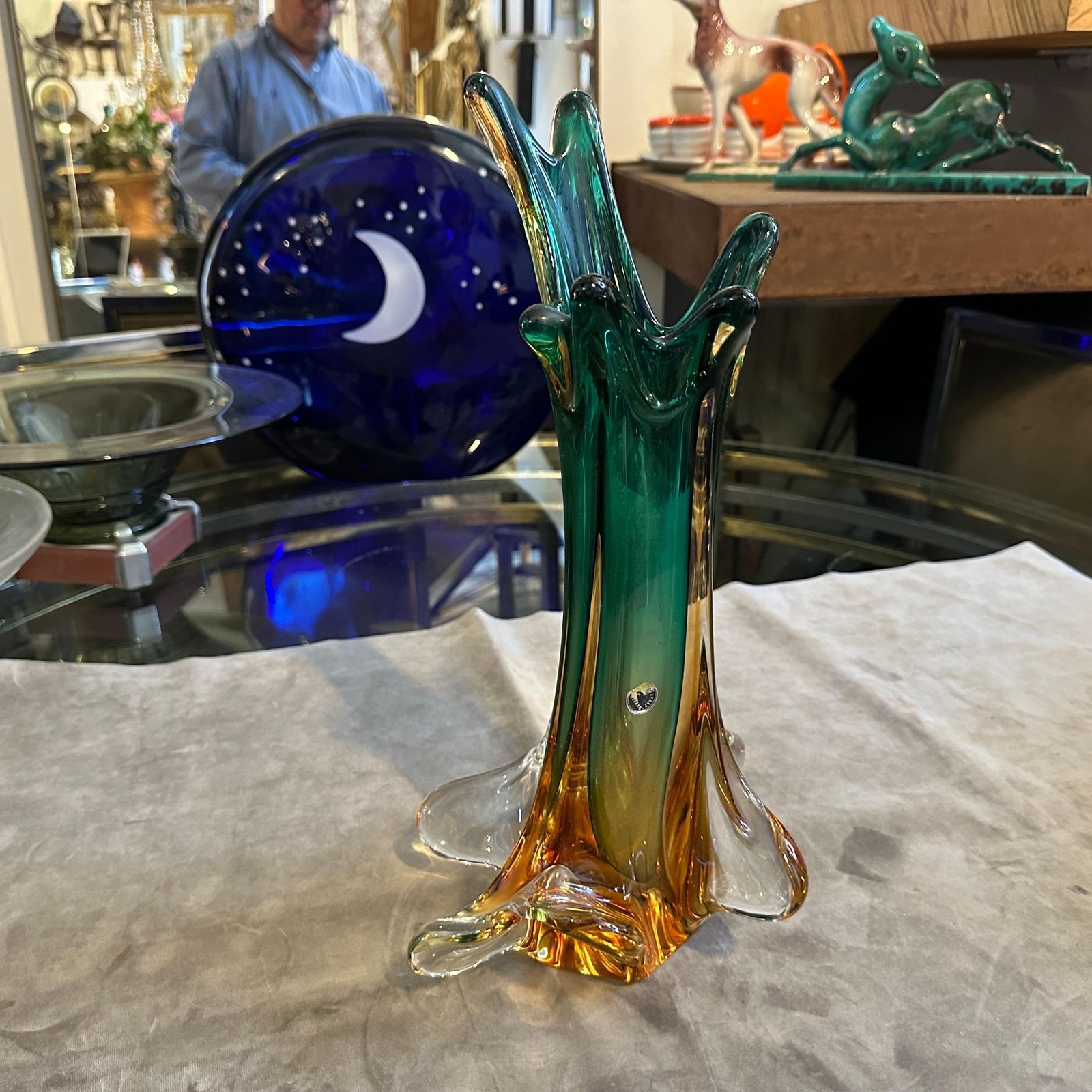 665.0 1970s Seguso Style Green And Yellow Sommerso Murano Glass Sculptural Vase photo