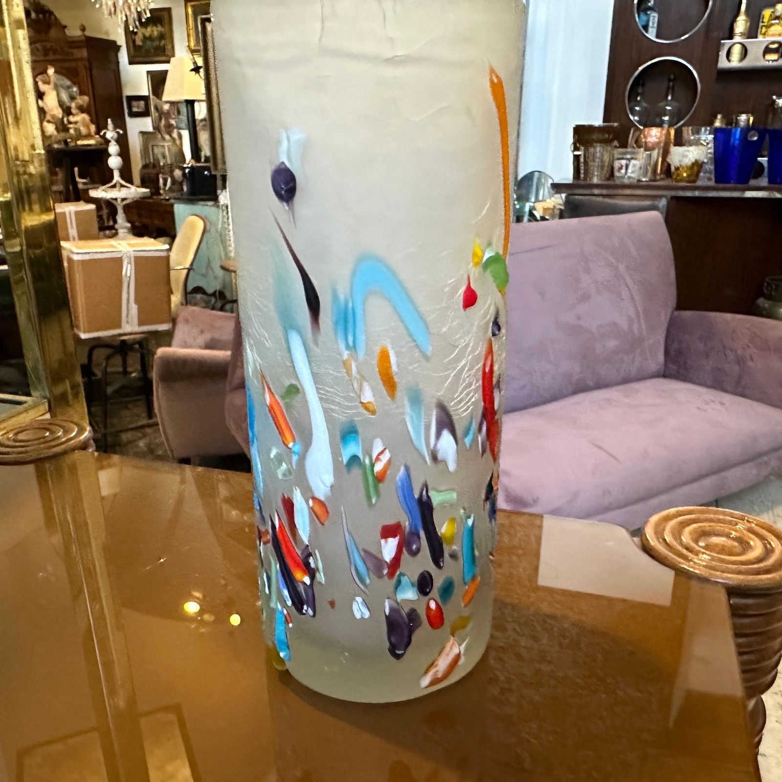 1980s Modern Millefiori Style Murano Glass Cylinder Vase photo vinterior