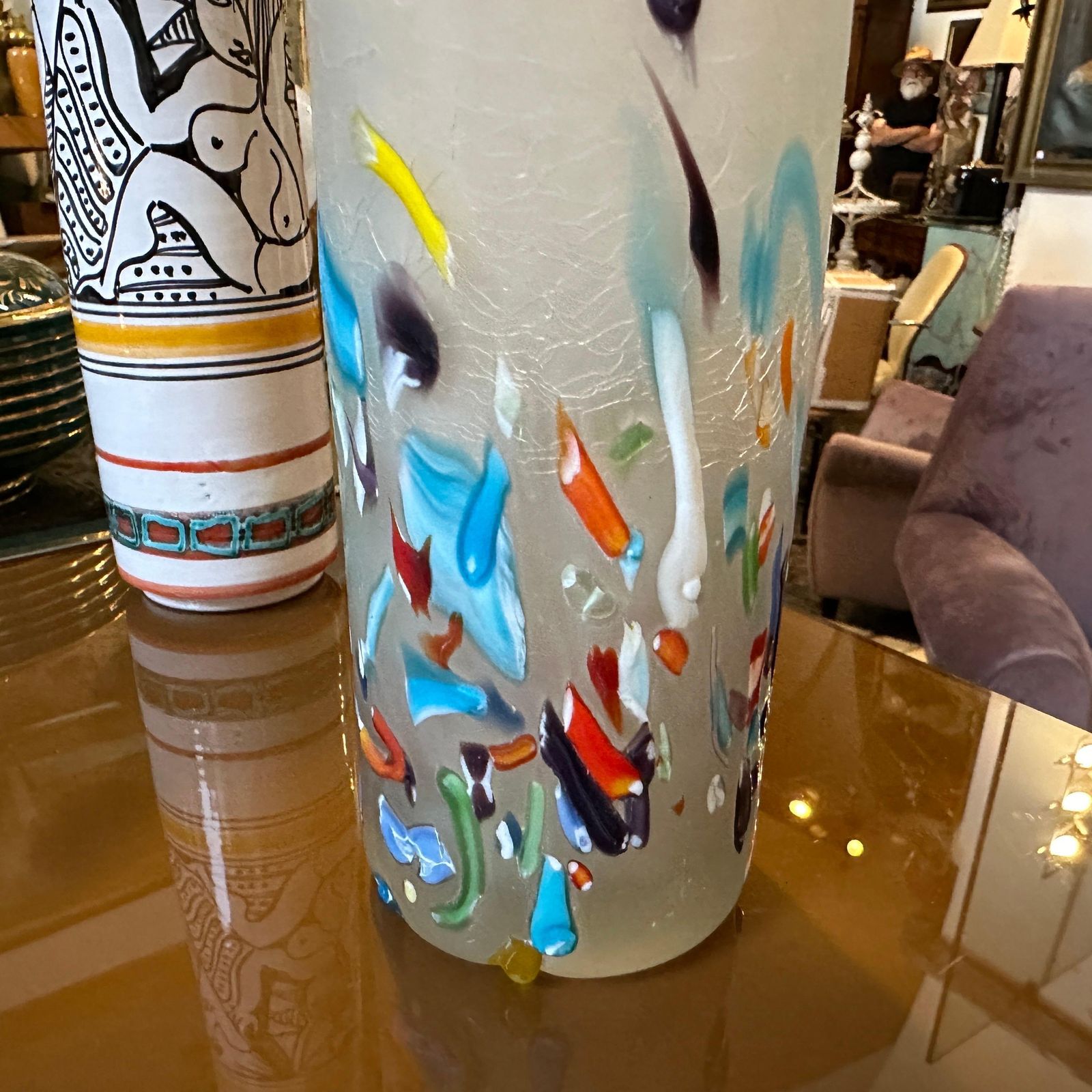 1980s Modern Millefiori Style Murano Glass Cylinder Vase photo vintage