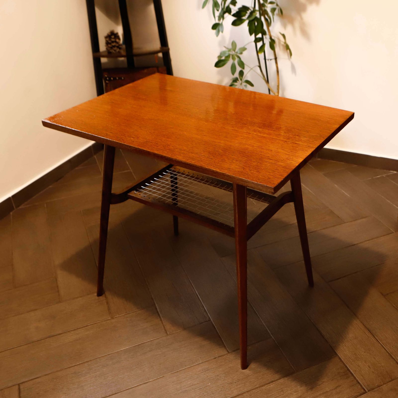 Brussels Style Retro Table With Woven Shelf – Dřevopodnik Holešov, 1960s