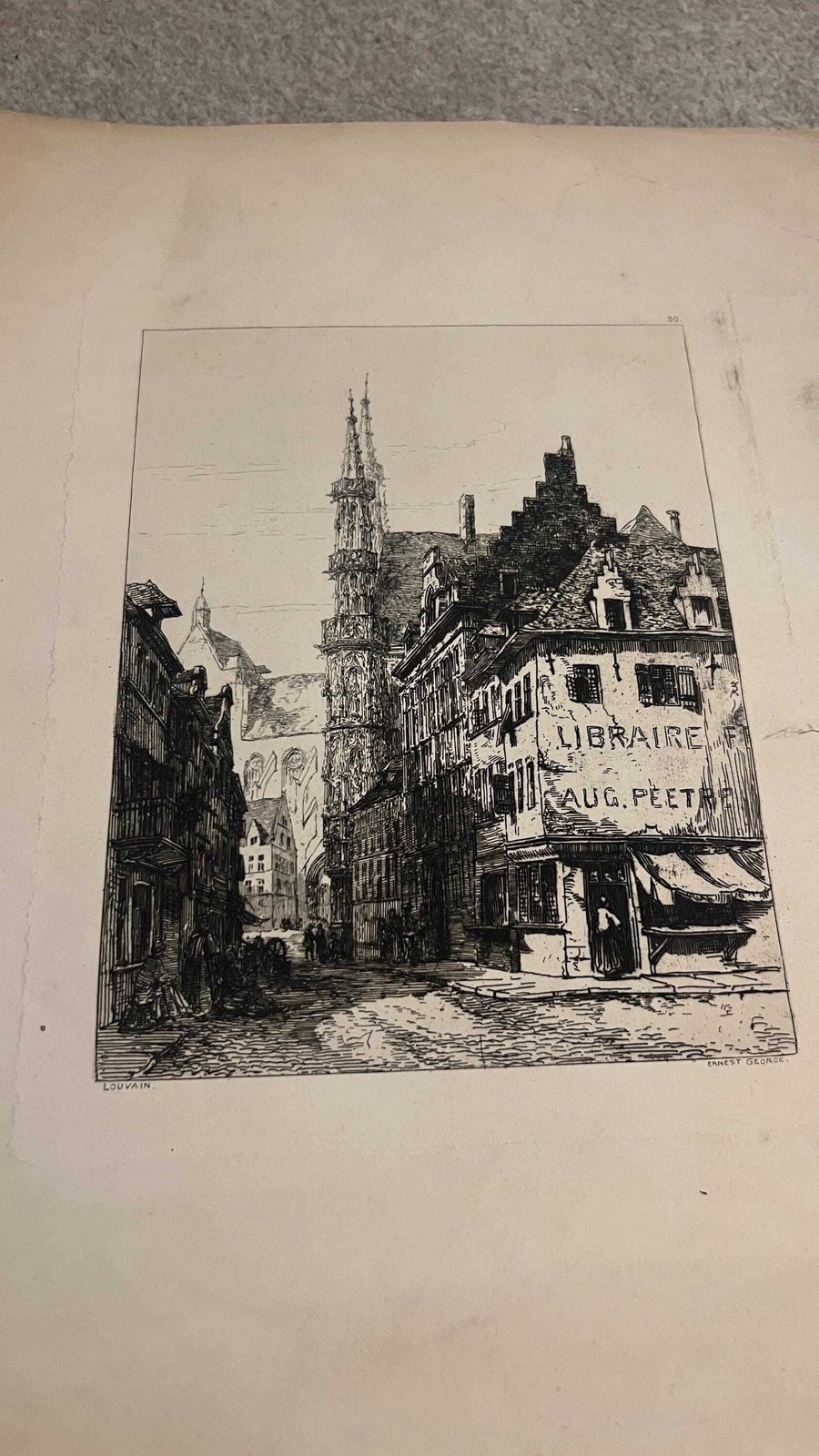 Antique 1878 Louvain Belgium Architectural Etching By Sir Ernest George | Historic City View With Hotel De Ville & Cathedral Spire photo furniture