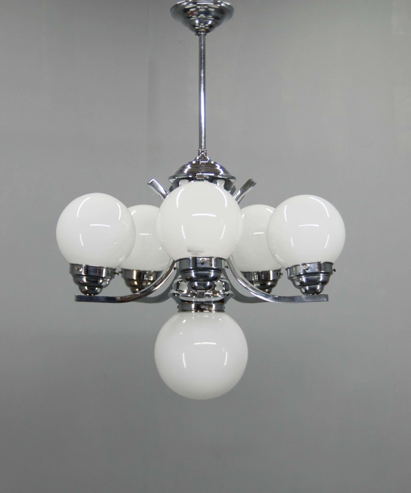 Big Art Deco 6 Flamming Chrome And Glass Chandelier, 1930s photo for sale