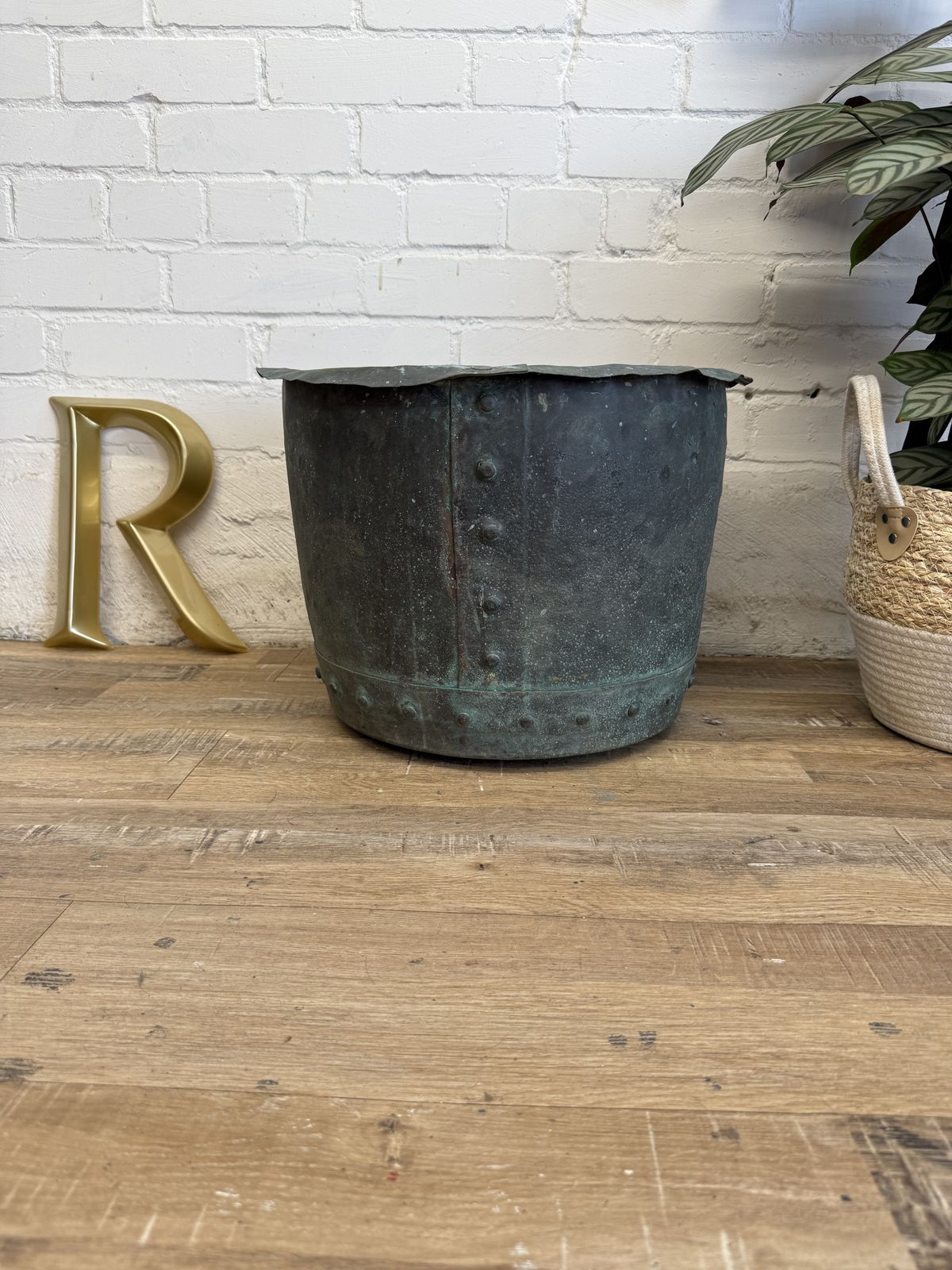 Antique Copper Copper – 19th Century Riveted Planter With Verdigris Patina photo Garden Decor