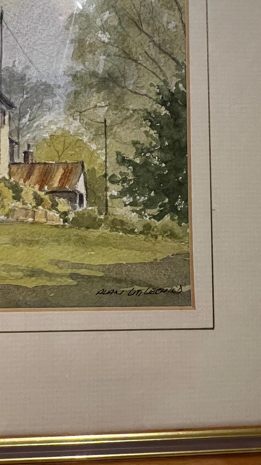 Charming Framed Watercolour Of Tissington Village, Derbyshire With Custom Natural Wood Frame photo Art
