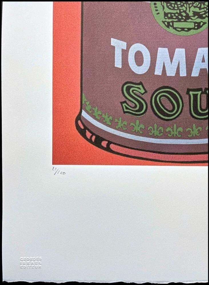 After Andy Warhol, Campbell's Soup Tomato Soup Red Background, 1980s, Lithograph photo furniture