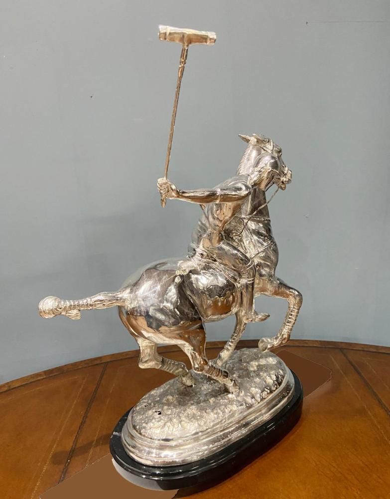 Silver Plated Polo Player Bronze Statue Horse Jockey Plate photo 1495.0