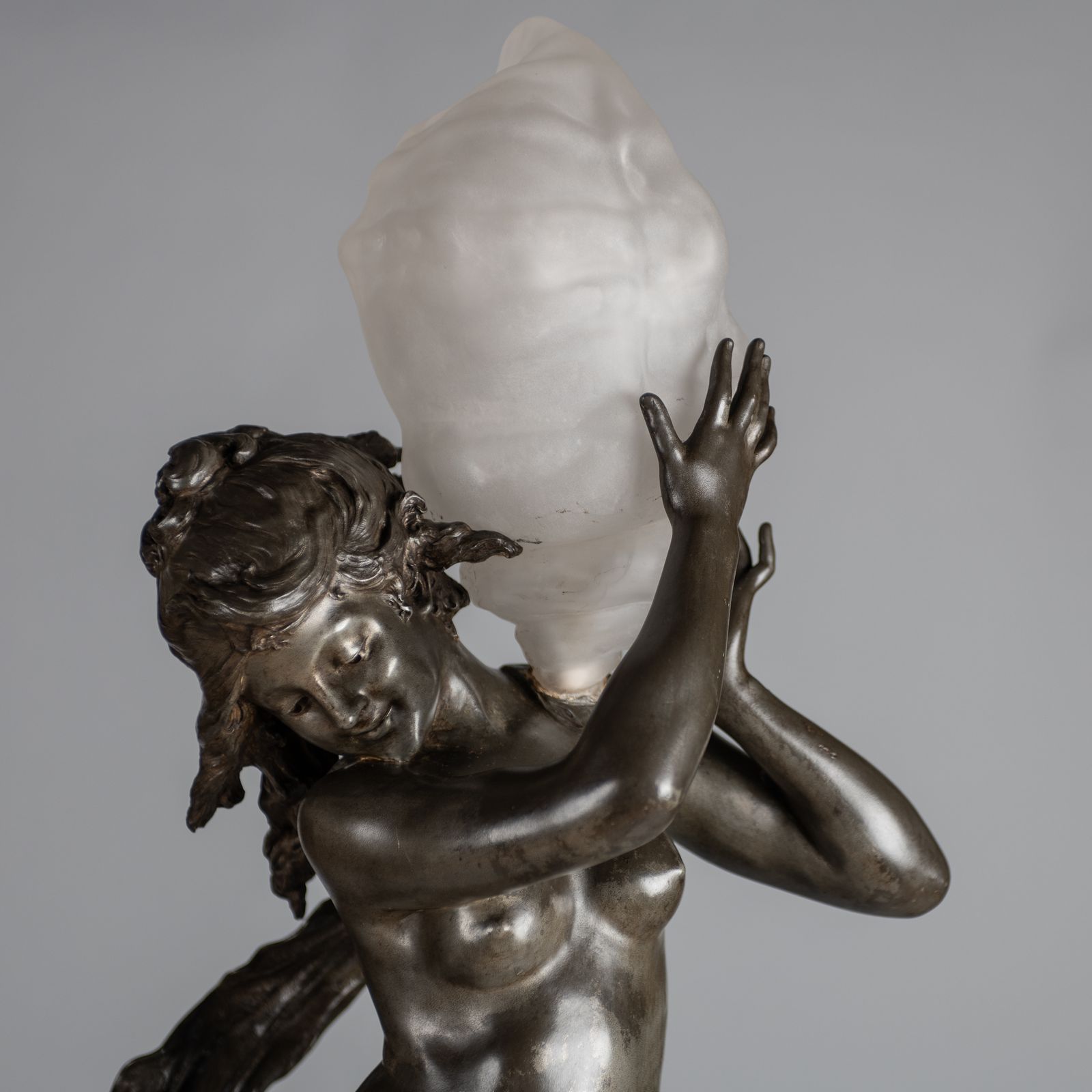 photo for sale A Stunning 19th Century French Silvered Spelter Figural Lamp Sculpture, Signed Auguste Moreau