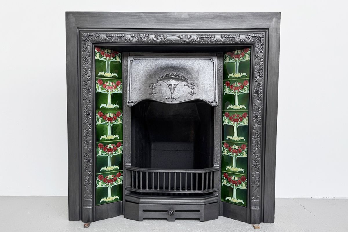 Antique Edwardian Art Nouveau Cast Iron Fireplace Grate