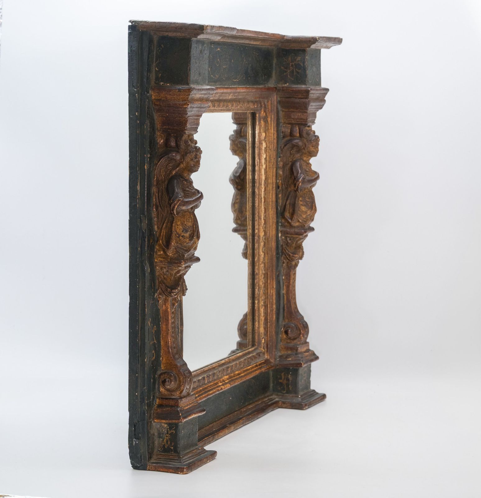 18th Century Italian Giltwood & Prussian Blue Painted Wall Mirror With Caryatid Side Columns photo Home Decor