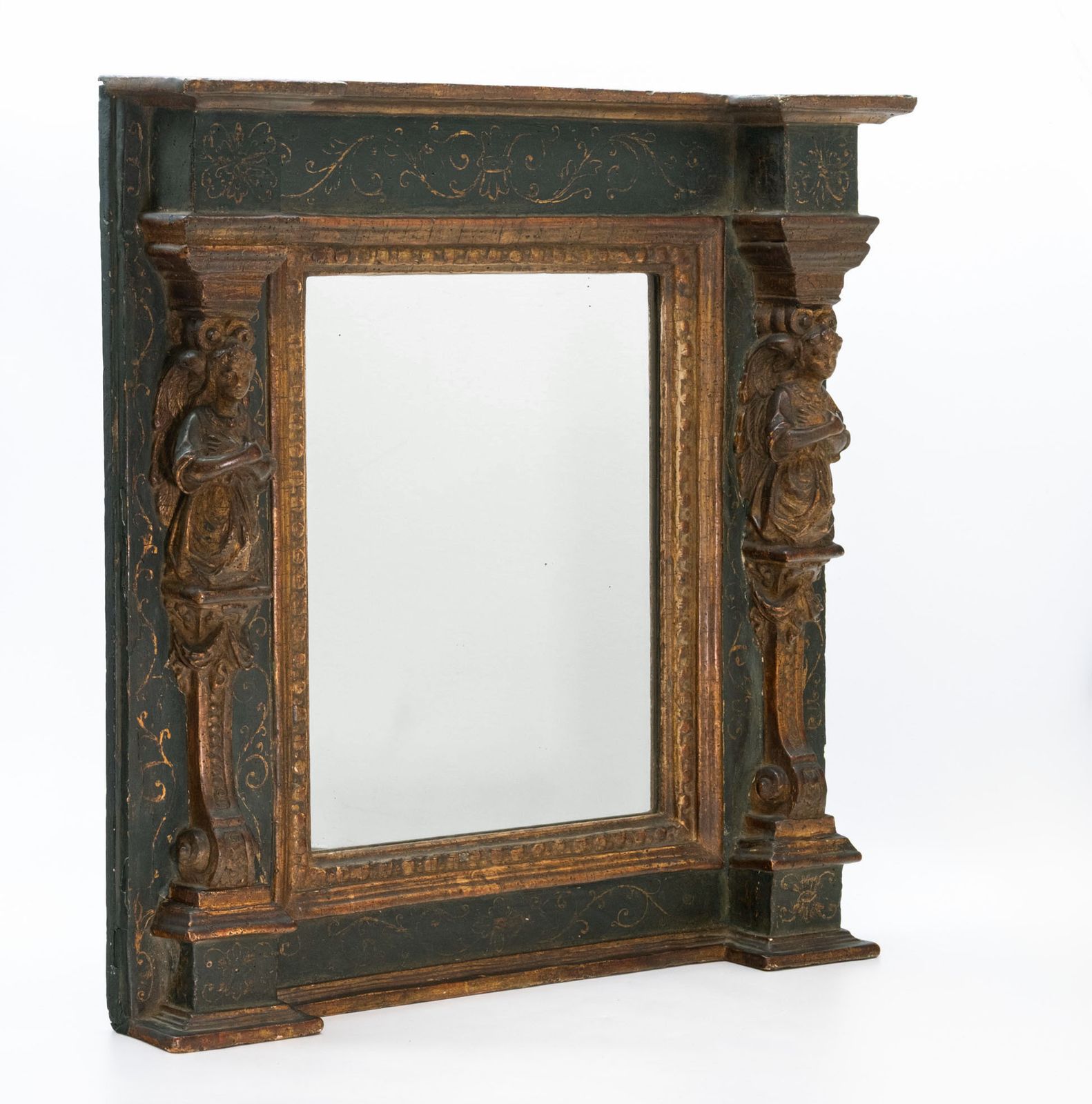 18th Century Italian Giltwood & Prussian Blue Painted Wall Mirror With Caryatid Side Columns