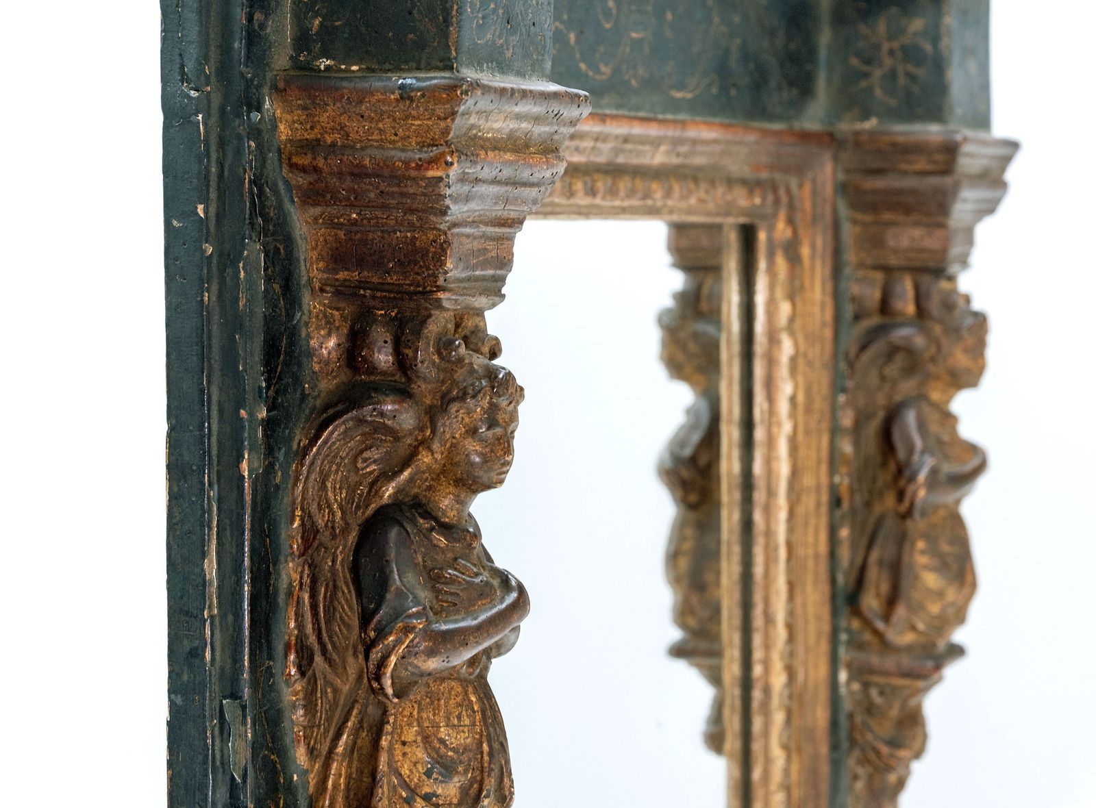 18th Century Italian Giltwood & Prussian Blue Painted Wall Mirror With Caryatid Side Columns photo furniture