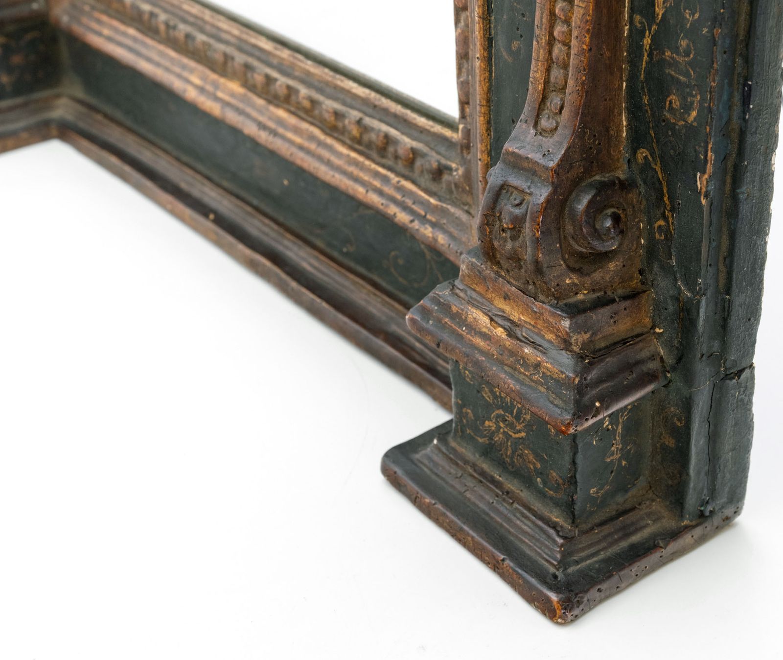 photo for sale 18th Century Italian Giltwood & Prussian Blue Painted Wall Mirror With Caryatid Side Columns