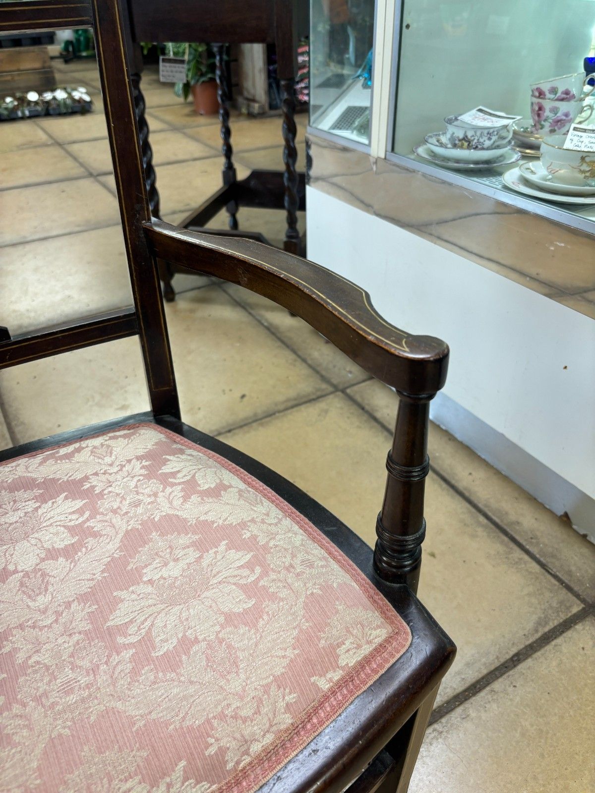 Antique Victorian Mahogany Bedroom Chair With Marquetry & Reupholstered Base photo 95.0