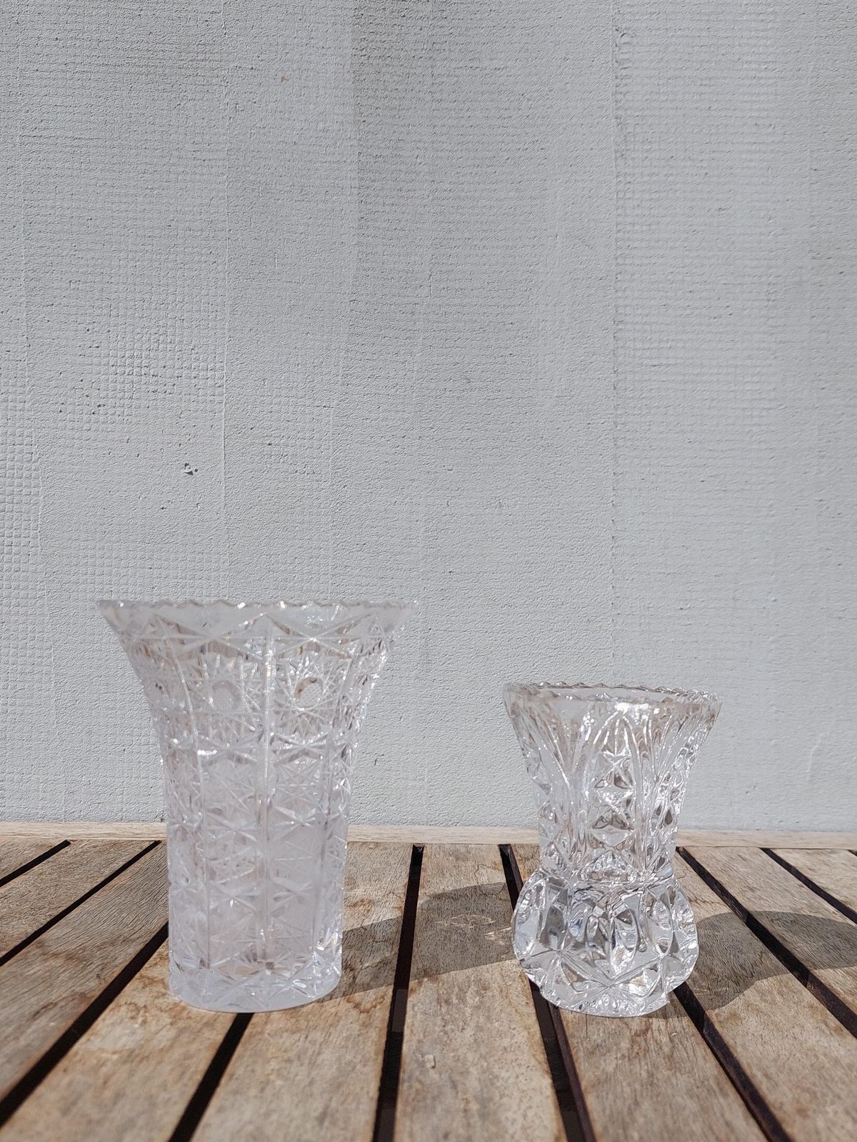 Vintage Hand Cut Crystal Glass Vases / Two Crystal Glass Vases / Small Crystal Vases / Mcm Hand Cut Crystal / 70's