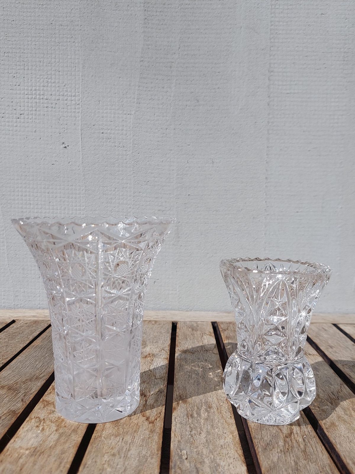 Vintage Hand Cut Crystal Glass Vases / Two Crystal Glass Vases / Small Crystal Vases / Mcm Hand Cut Crystal / 70's photo for sale