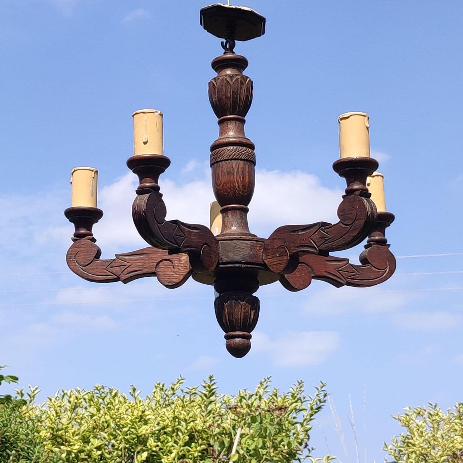 Mid Century Vintage Electric Oak Chandelier Five Arm Branch W/ Candle Style Fittings Ornate Wooden Lighting photo for sale