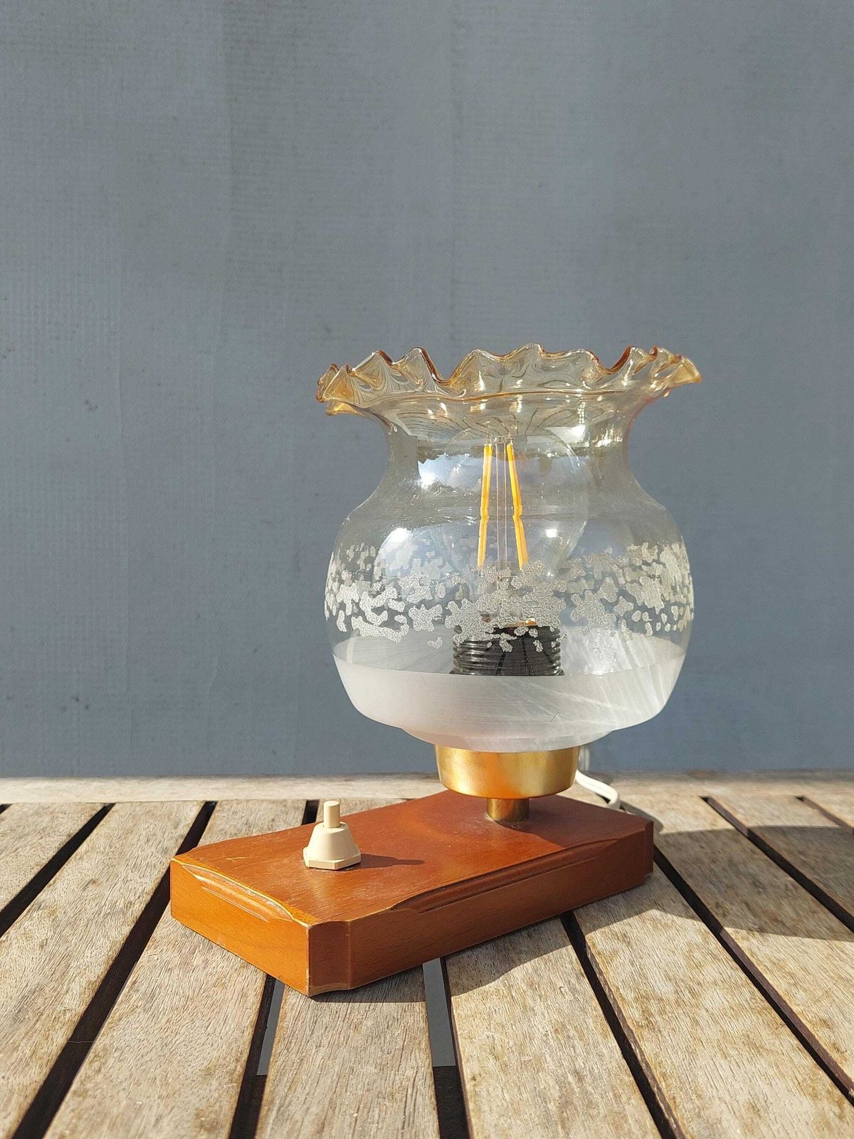 Vintage Bedside Lamp, Vintage Table Lamp, Mid Century Table Lamp, Glass And Wood Table Lamp, 1970s