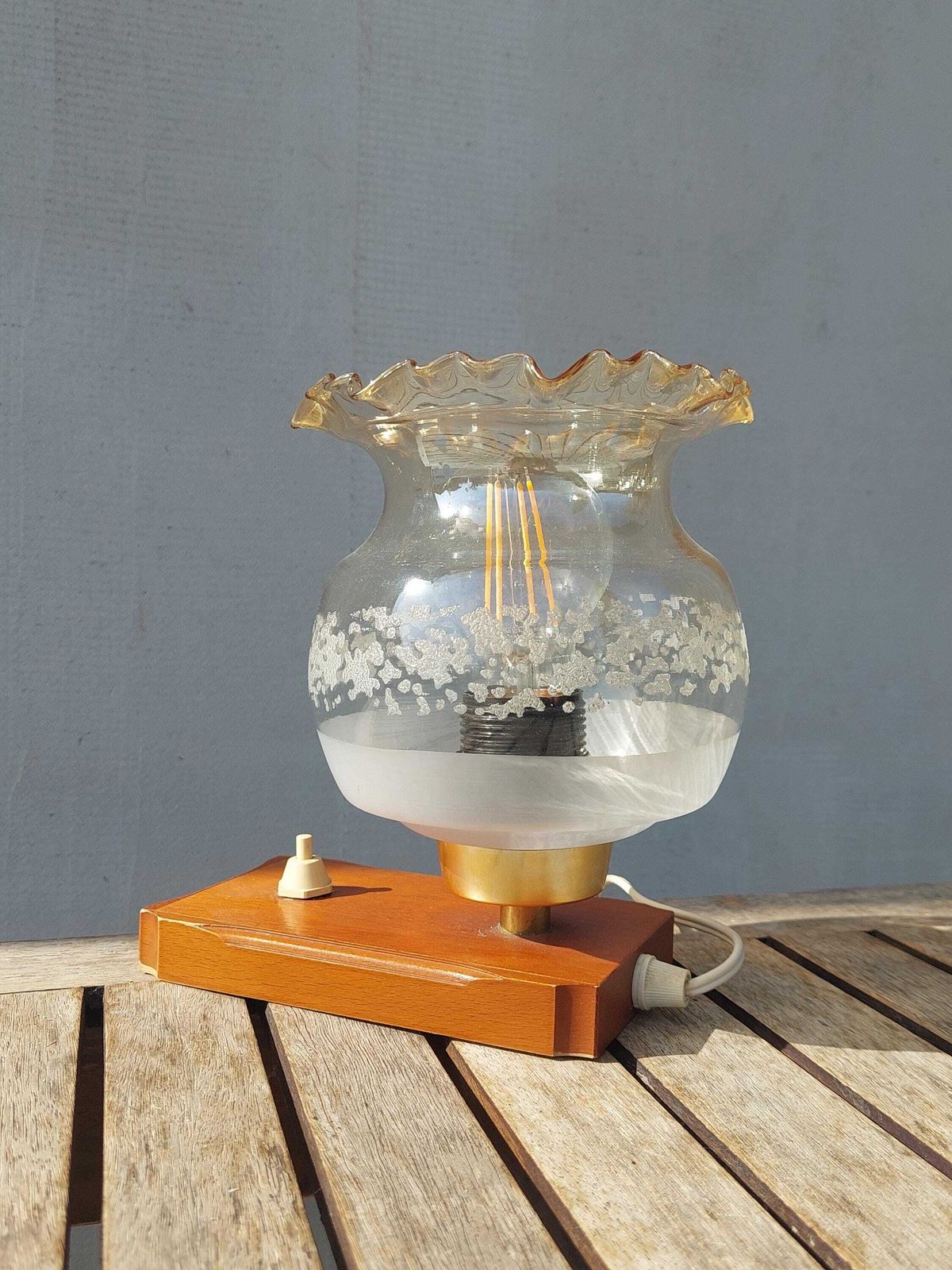 Vintage Bedside Lamp, Vintage Table Lamp, Mid Century Table Lamp, Glass And Wood Table Lamp, 1970s photo Lighting