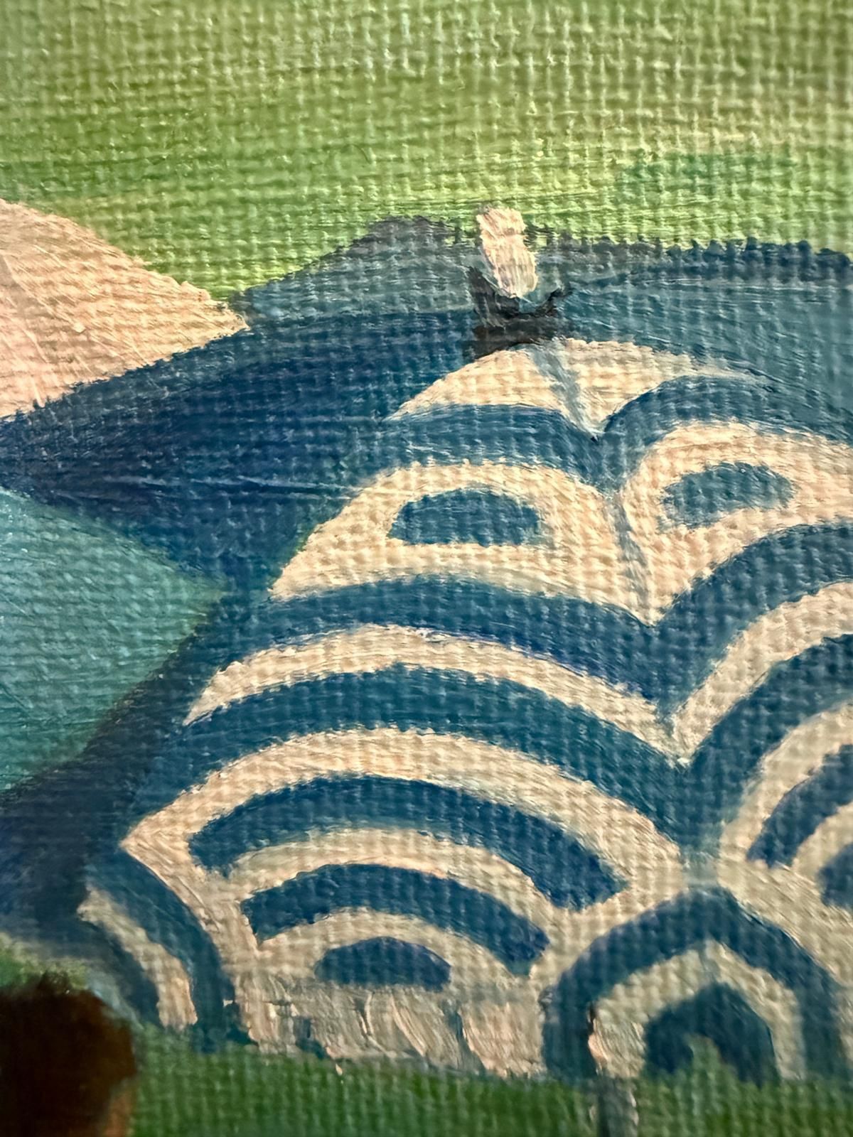 Bernadette Van Baarsen Turquoise, Blue And White Provençal Beach Scene. 'La Sigarette'.2025 photo vintage