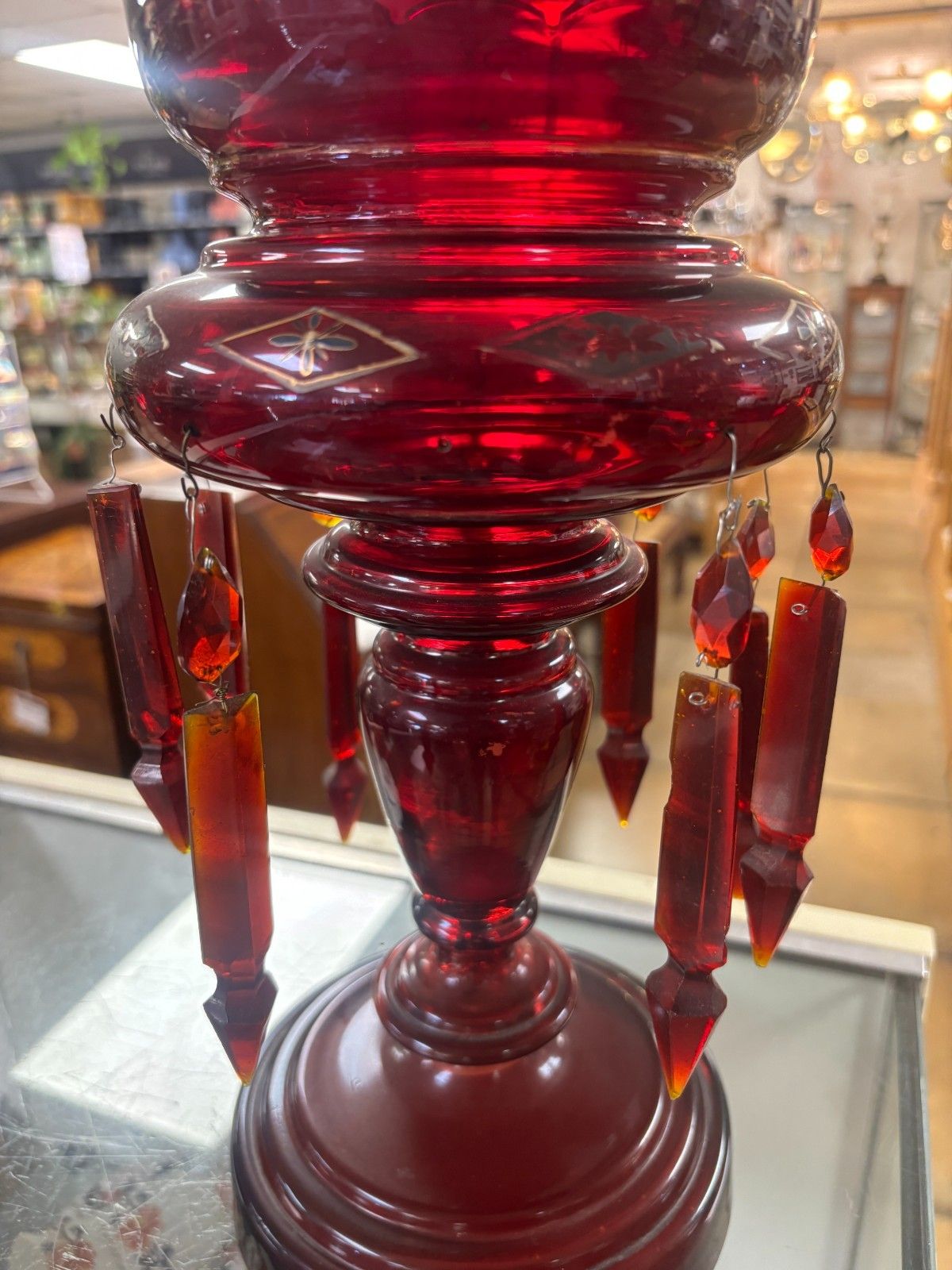 photo furniture Antique Victorian Cranberry Glass Lustre As Found