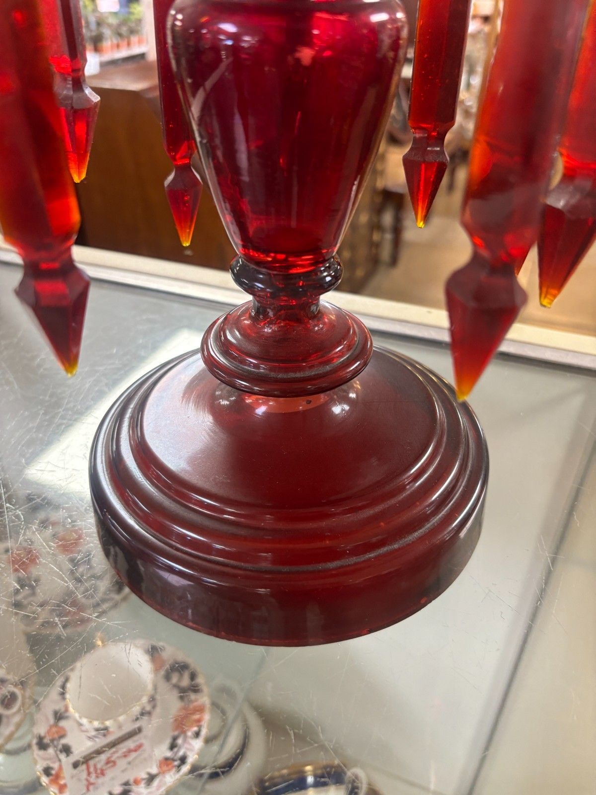 photo for sale Antique Victorian Cranberry Glass Lustre As Found