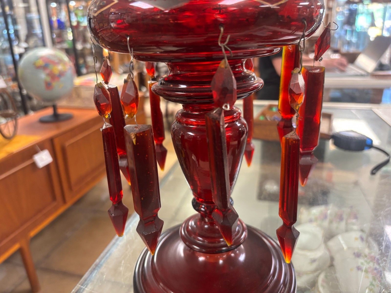 Home Decor Antique Victorian Cranberry Glass Lustre As Found photo
