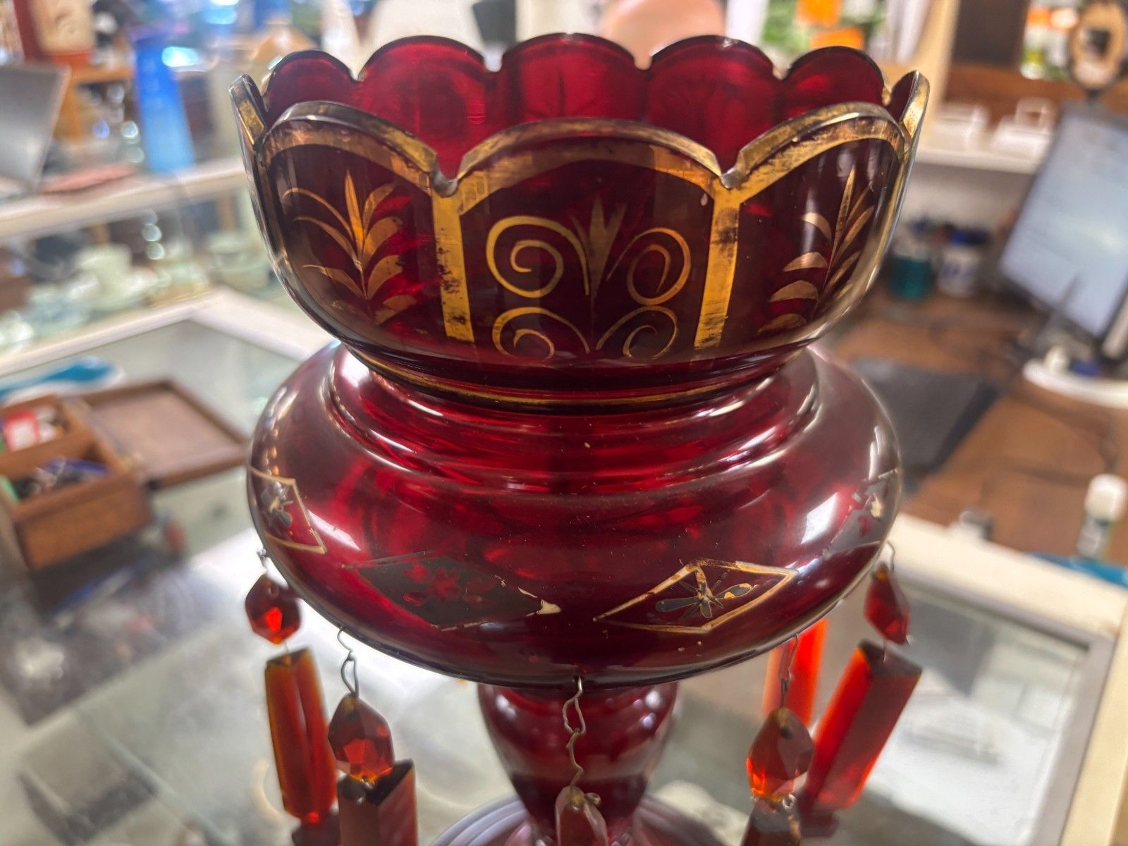 95.0 Antique Victorian Cranberry Glass Lustre As Found photo