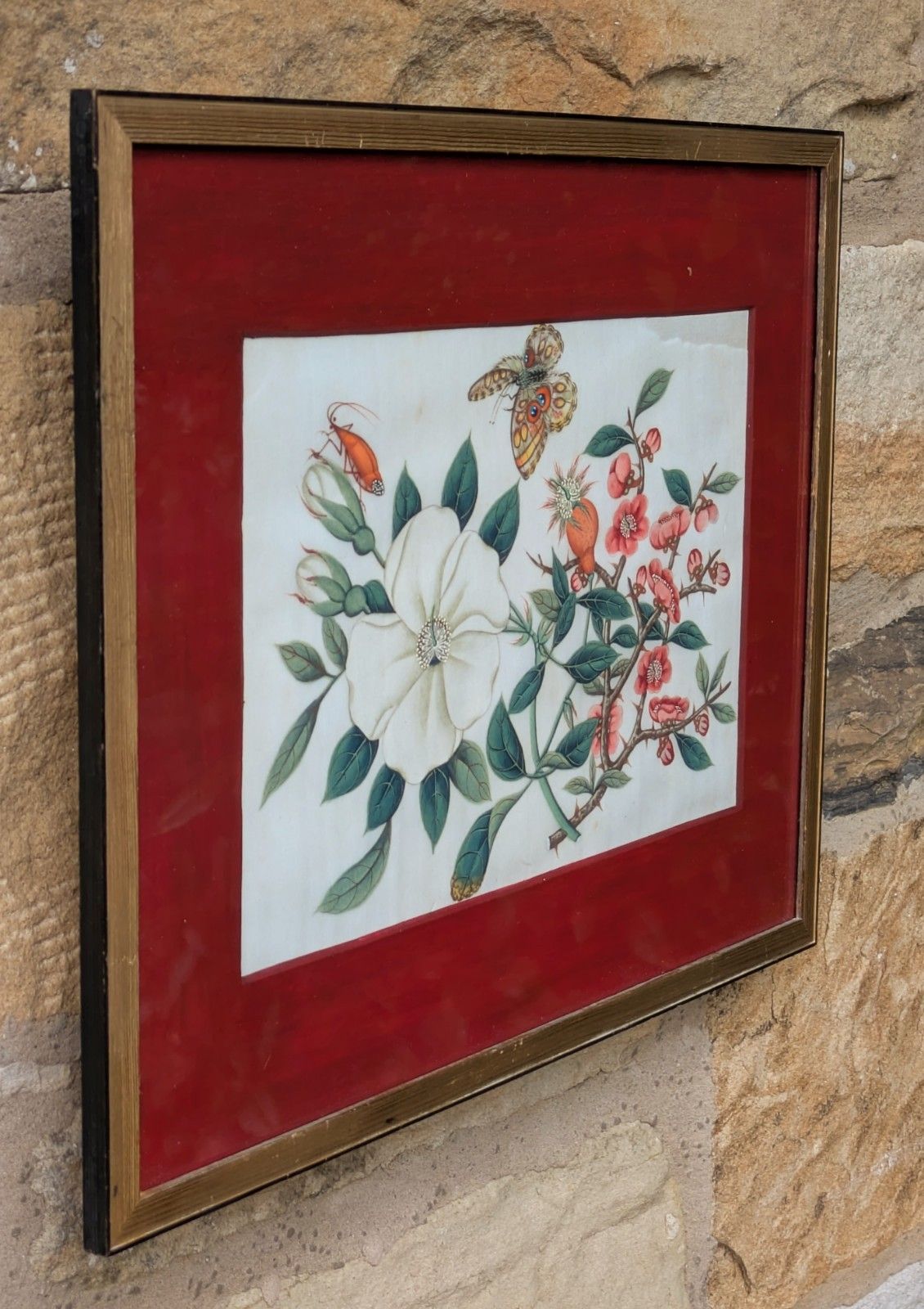 Antique Chinese Watercolour Painting Butterflies And Blossoms photo for sale