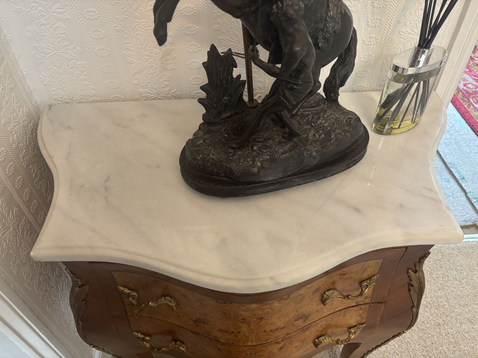 French Serpentine Walnut Veneered Commode/ Chest Of Drawers With Marble Top And Gilt Decoration photo vinterior