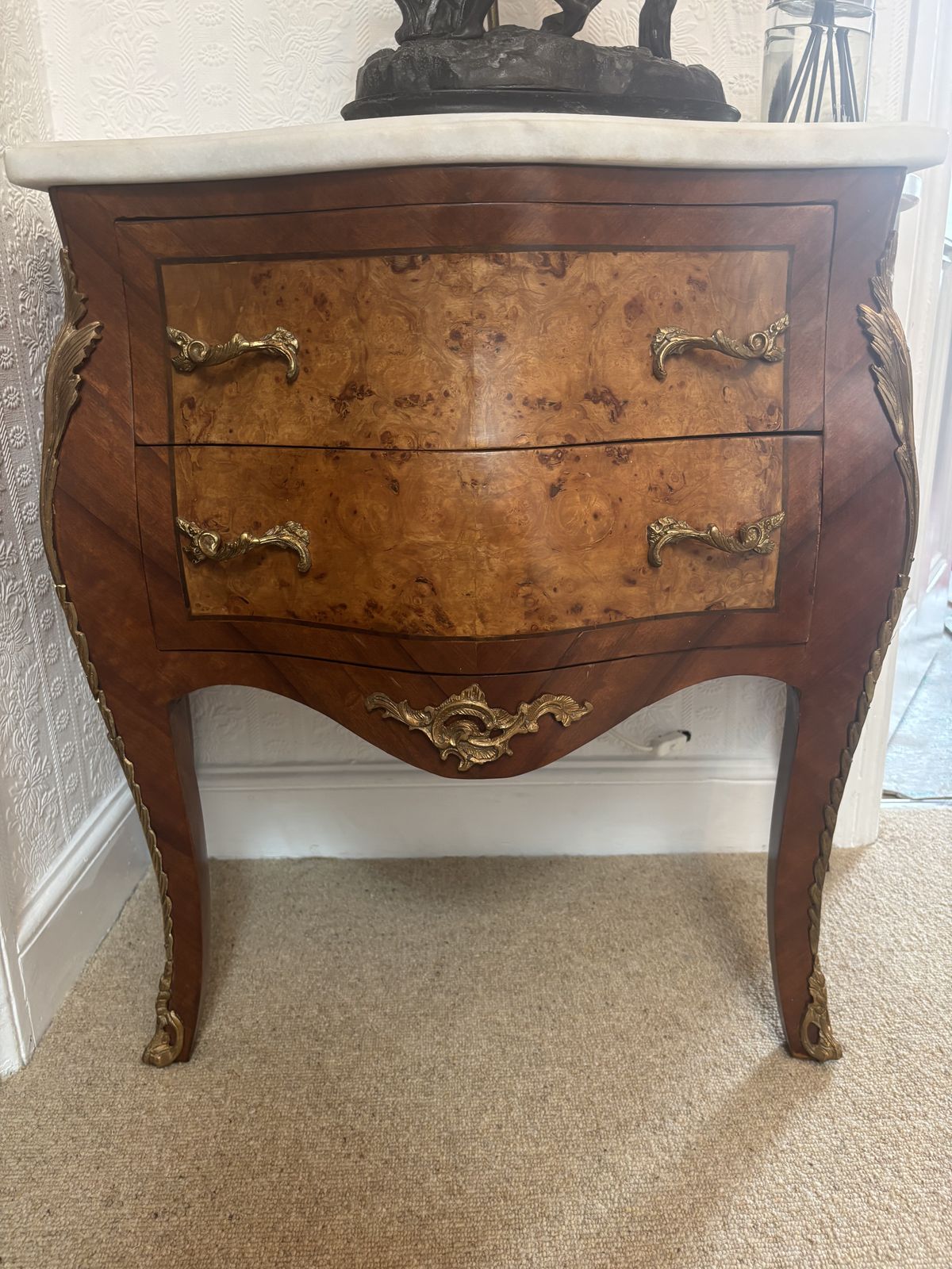 French Serpentine Walnut Veneered Commode/ Chest Of Drawers With Marble Top And Gilt Decoration photo buy