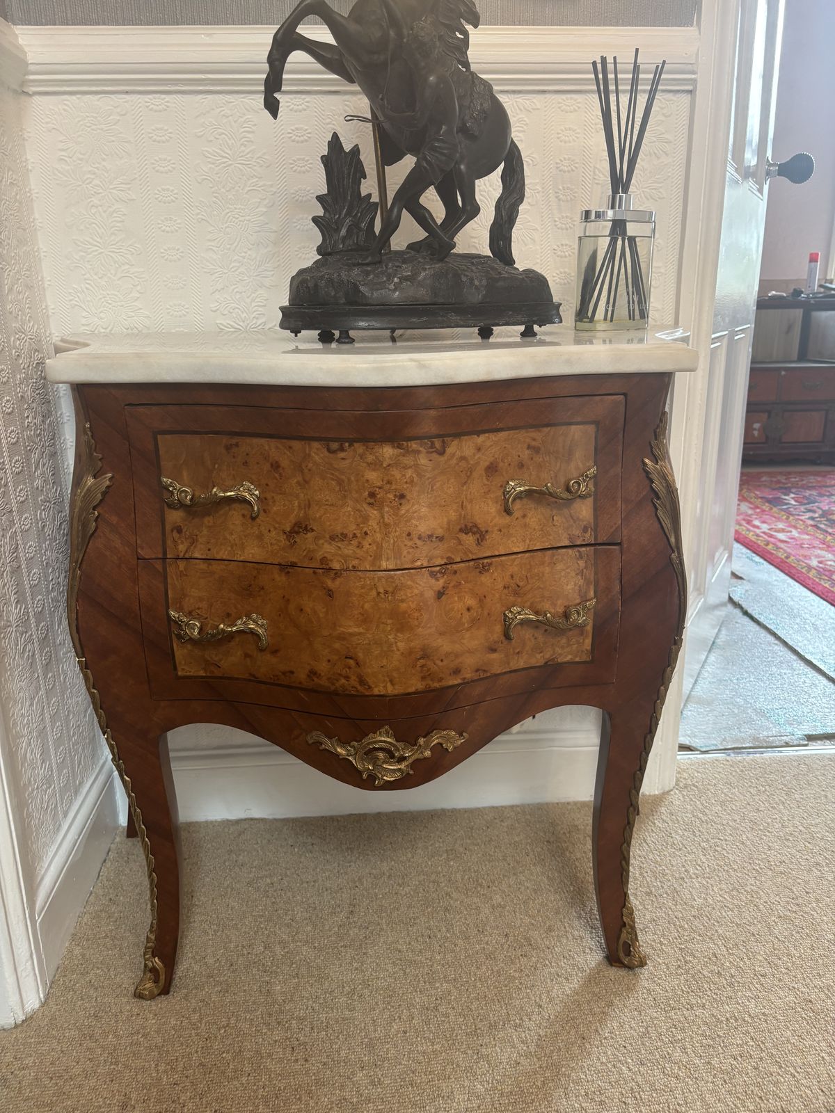 French Serpentine Walnut Veneered Commode/ Chest Of Drawers With Marble Top And Gilt Decoration photo vintage